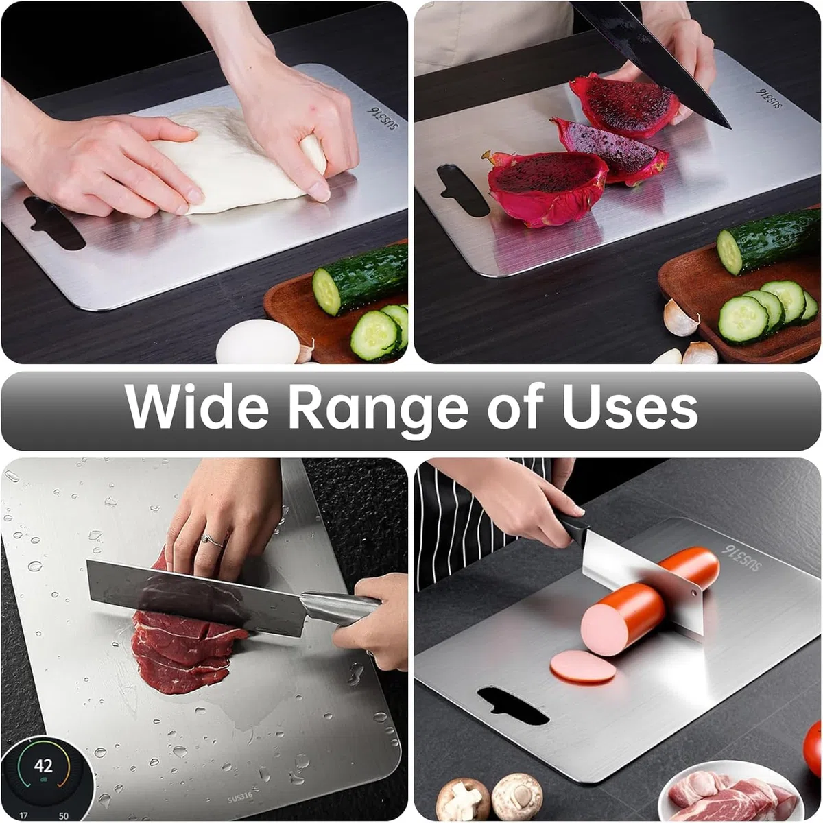 2 Pezzi Tagliere in Acciaio Inossidabile 316, Multifunzione Tagliere Cucina per Uso per Carne, Frutta, Verdura(34 * 23cm+25 * 15cm)