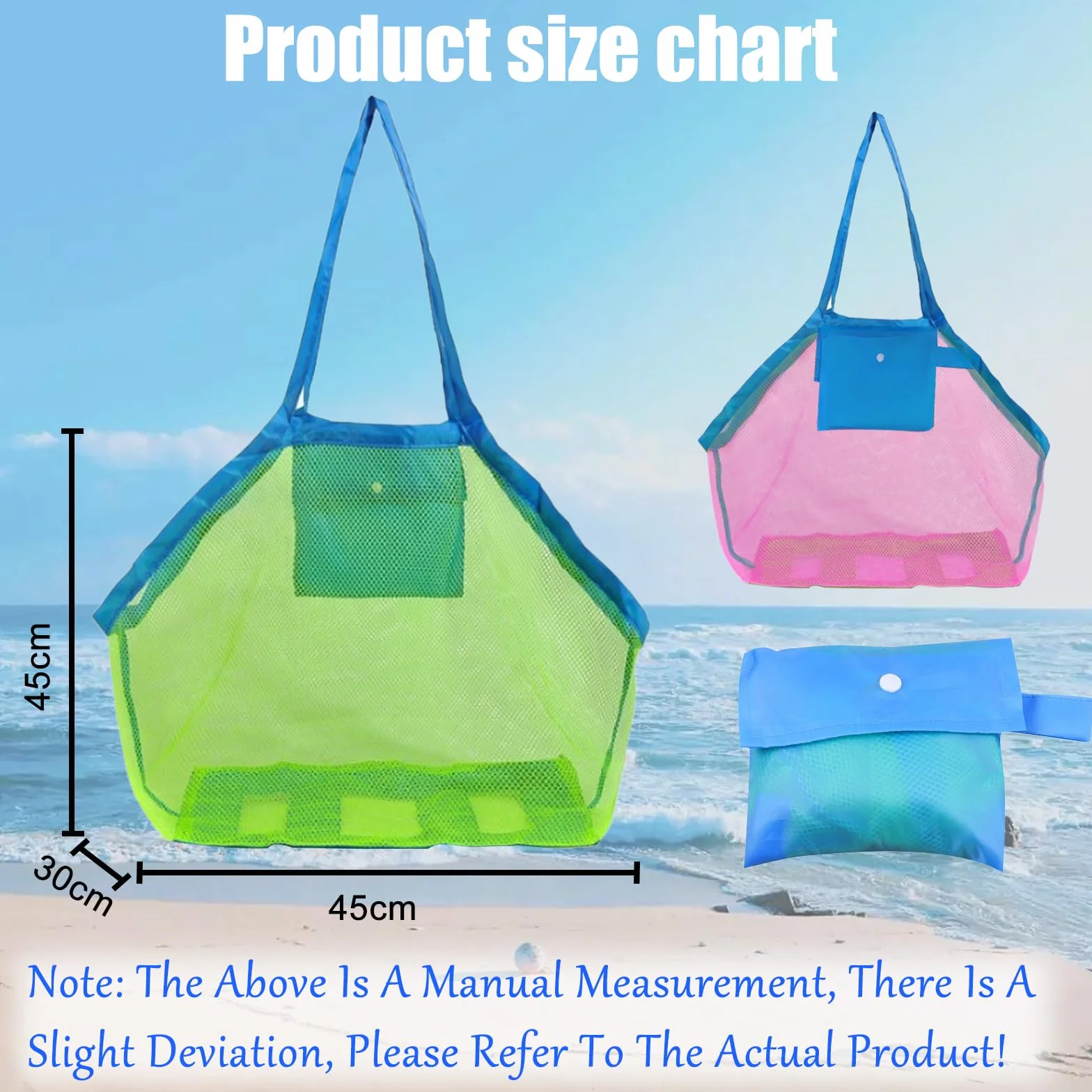 JSTHHTT 2 borse da spiaggia extra large in rete con tasca, anti-sabbia, traspiranti, per adulti, donne, bambini, unisex, verde, rosa, multicolore, 45 cm x 30 cm x 45