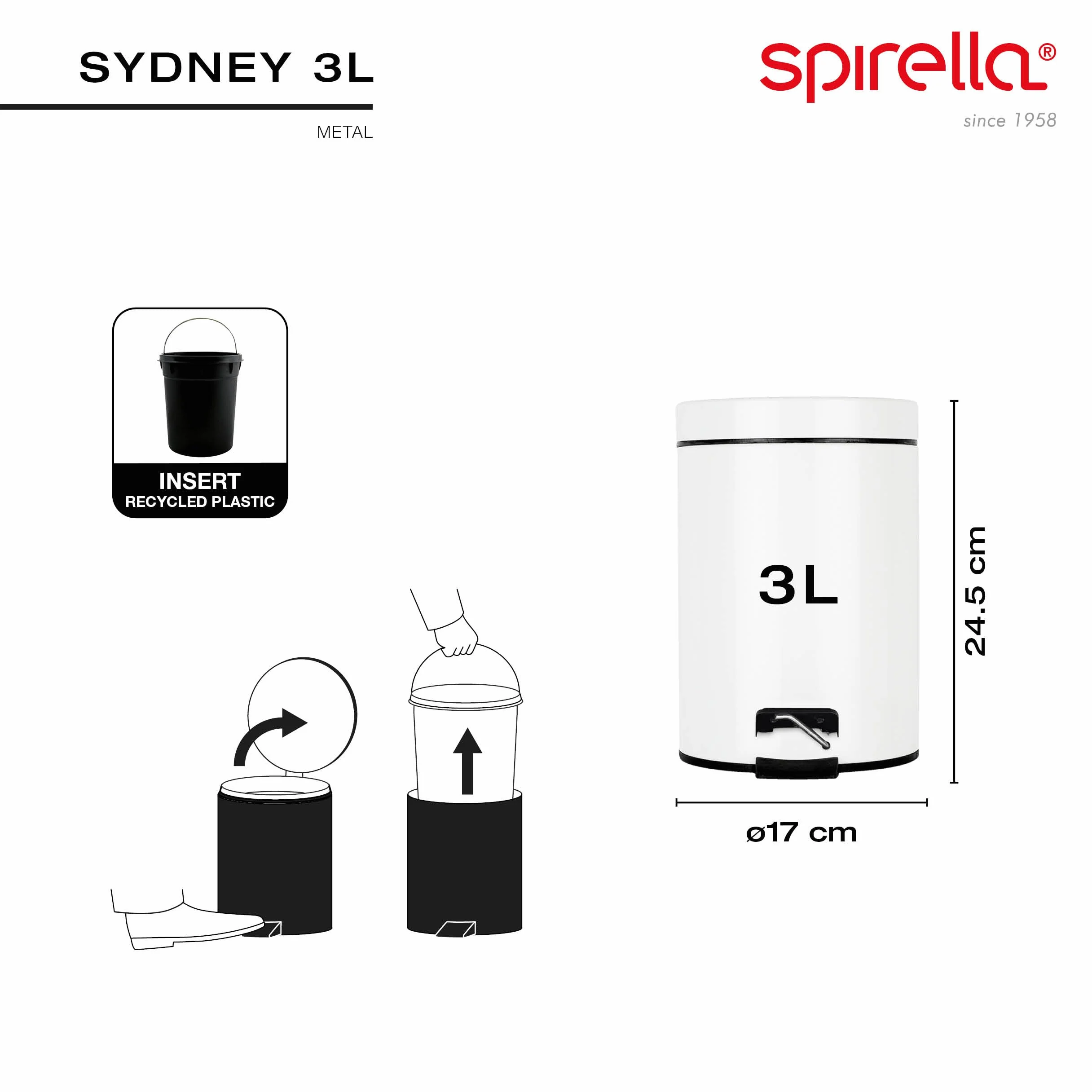 Spirella - Cestino a pedale in Acciaio SYDNEY - Design Moderno, Apertura Facile, Secchio Interno Rimovibile - Accessorio per Bagno o Cucina - Nero - 3L