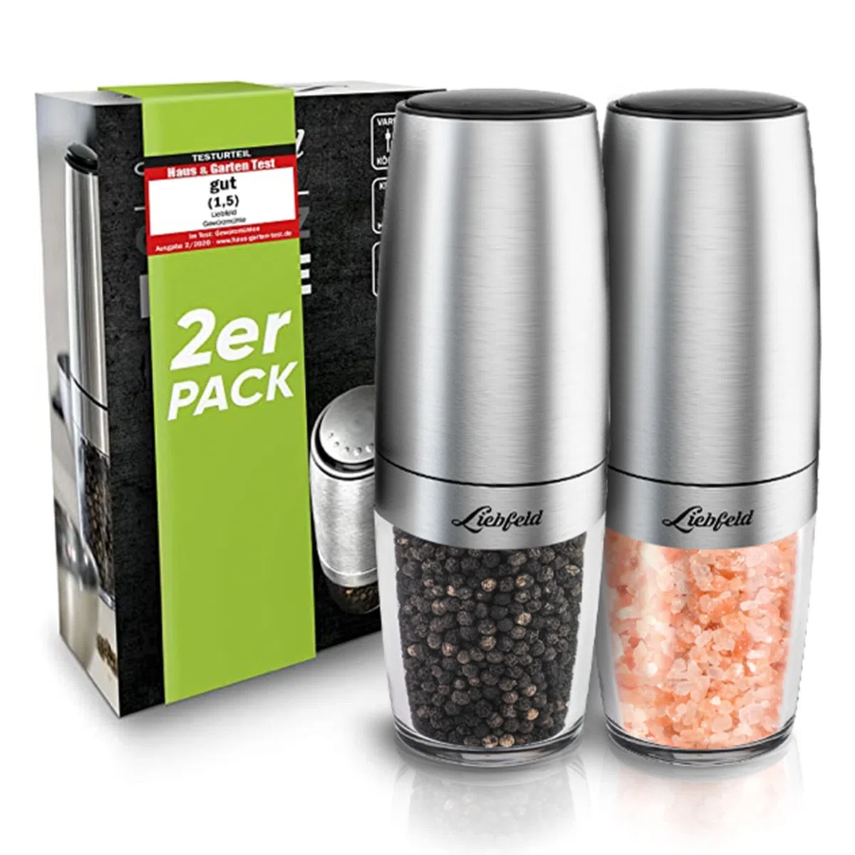 Liebfeld - Macinasale e pepe elettrico [set da 2 pezzi] con sensore di inclinazione, macinapepe e macinasale, macinaspezie e pepper Mill