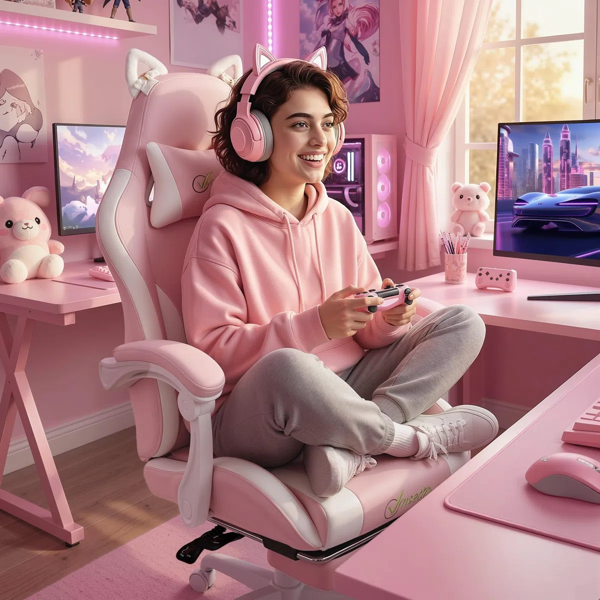 Vinsetto Sedia Gaming Ergonomica con Orecchie da Gatto, Poltrona Gaming Ufficio Reclinabile in Finta Pelle con Poggiapiedi, Poggiatesta e Altezza Regolabile, Supporto Lombare e Cervicale, Rosa