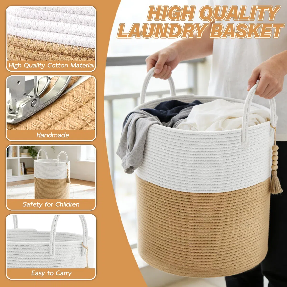 Cesto portabiancheria intrecciato, 50 x 37 cm Cesto Biancheria Sporca con Manici, Portabiancheria Grande, Cesto Pieghevole, Adatto per Lavanderia Bambini Bagno Giocattoli Coperte