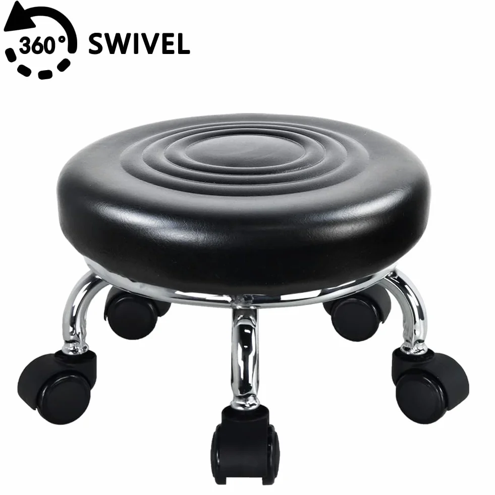 WKWKER moderno sedile a rullo in pelle PU basso rotonda sgabello girevole piccolo sgabello con ruote girevoli universali per home office garage negozio fitness sport, H: 21,3 cm (nero)