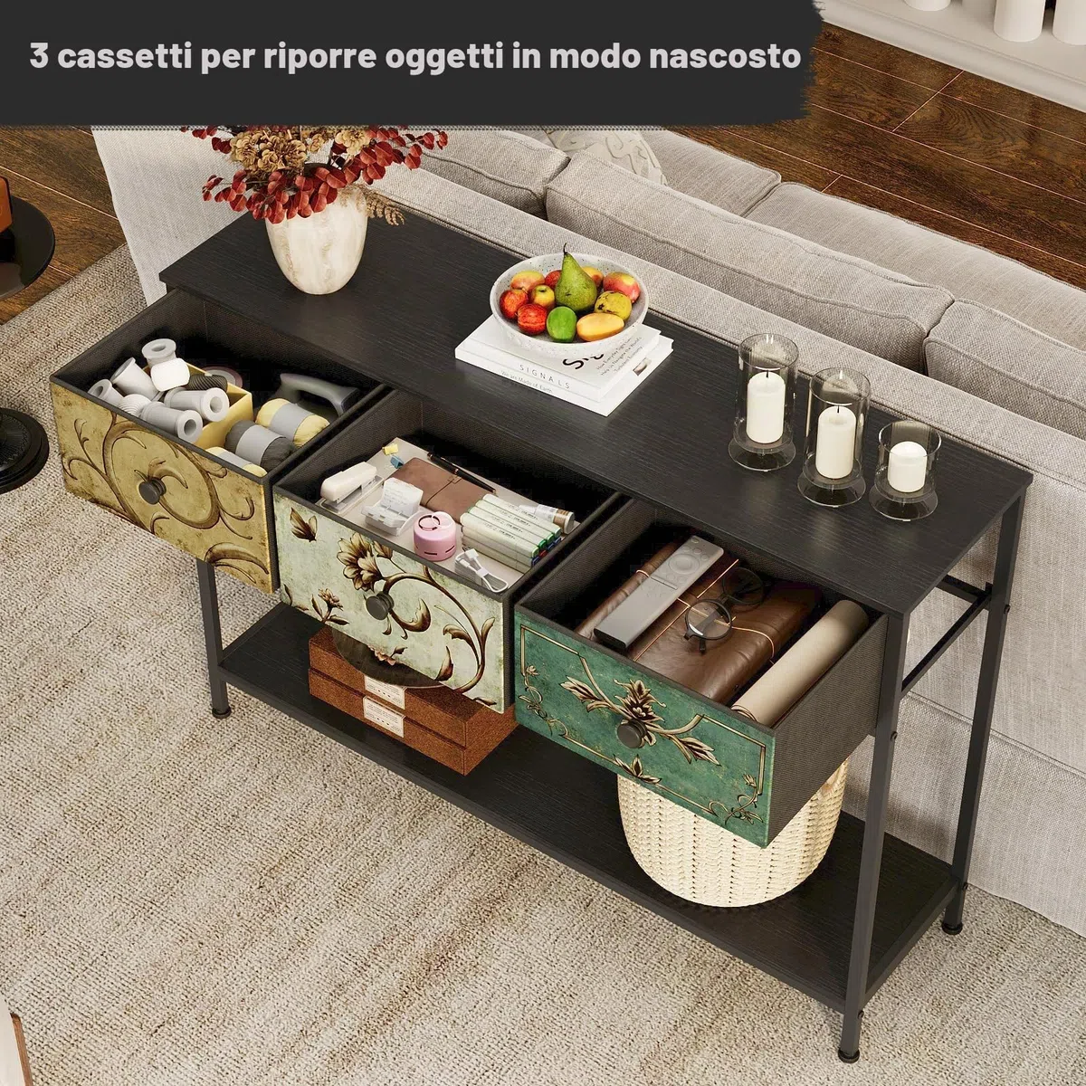 VEDECASA - Tavolo consolle con 3 cassetti in tessuto, tavolo d'ingresso con ripiani aperti, tavolo per ingresso, soggiorno, camera da letto, legno con struttura in metallo, montaggio semplice