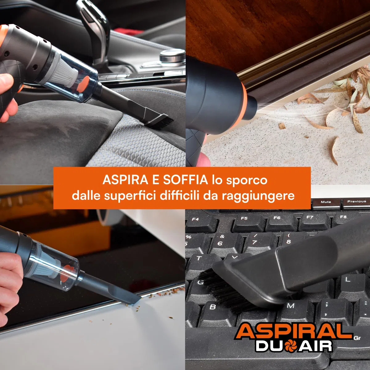 Aspirapolvere Aspirabriciole Senza Fili Auto Casa e Ufficio - Mini Aspiratore e Soffiatore Portatile 2in1 Aspiral DuoAir Ricarica Rapida USB e 4 Accessori Inclusi - Dimensioni 14x15,5x5,5cm