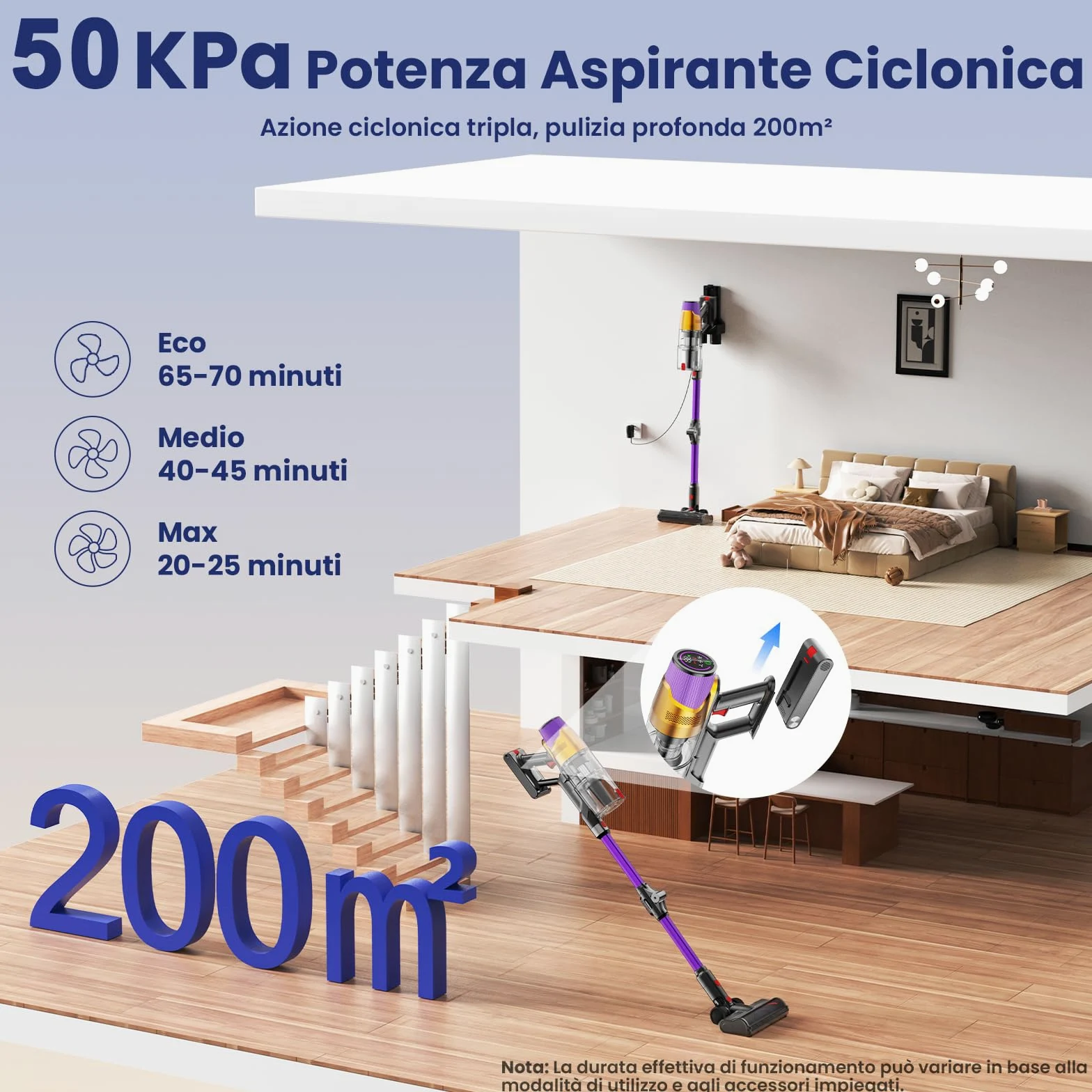 A12 Aspirapolvere Senza Fili 50KPa, 600W, 70Min, Aspirapolvere Scopa con Serbatoio Acqua Rimovibile, Display LED Touch, Spazzola Anti-Groviglio, Pieghevole, per Tappeti, Auto e Cappelli Animali