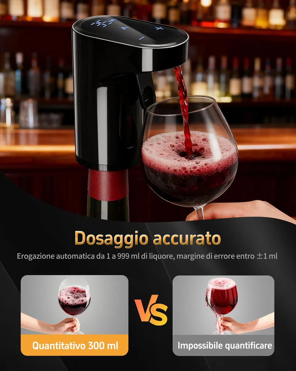 Regalo per la Festa della Repubblica - 5-in-1 Decanter Elettrico Vino & Erogatore Liquori Smart | Aeratore Auto con Dosaggio 1-999ml | Per Appassionati di Vino, Whisky e Host (Nero)