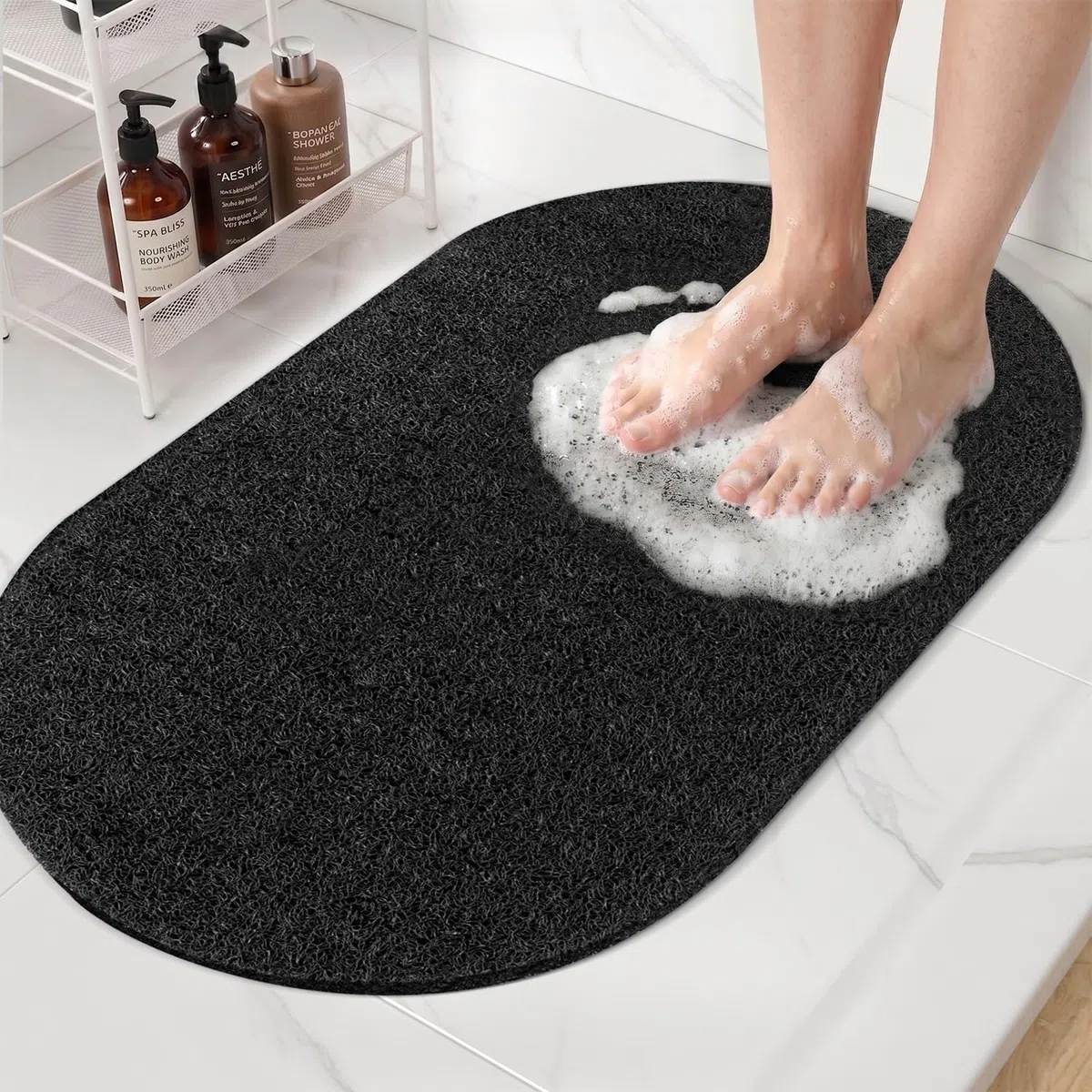 HITSLAM Tappeto Doccia Ovale Antiscivolo Antimuffa - Tappetino per Interno Doccia, Morbido Tappeto in PVC Stile Luffa con Effetto Massaggio Piedi, Asciugatura Rapida Lavabile, 69x40cm, Bianco
