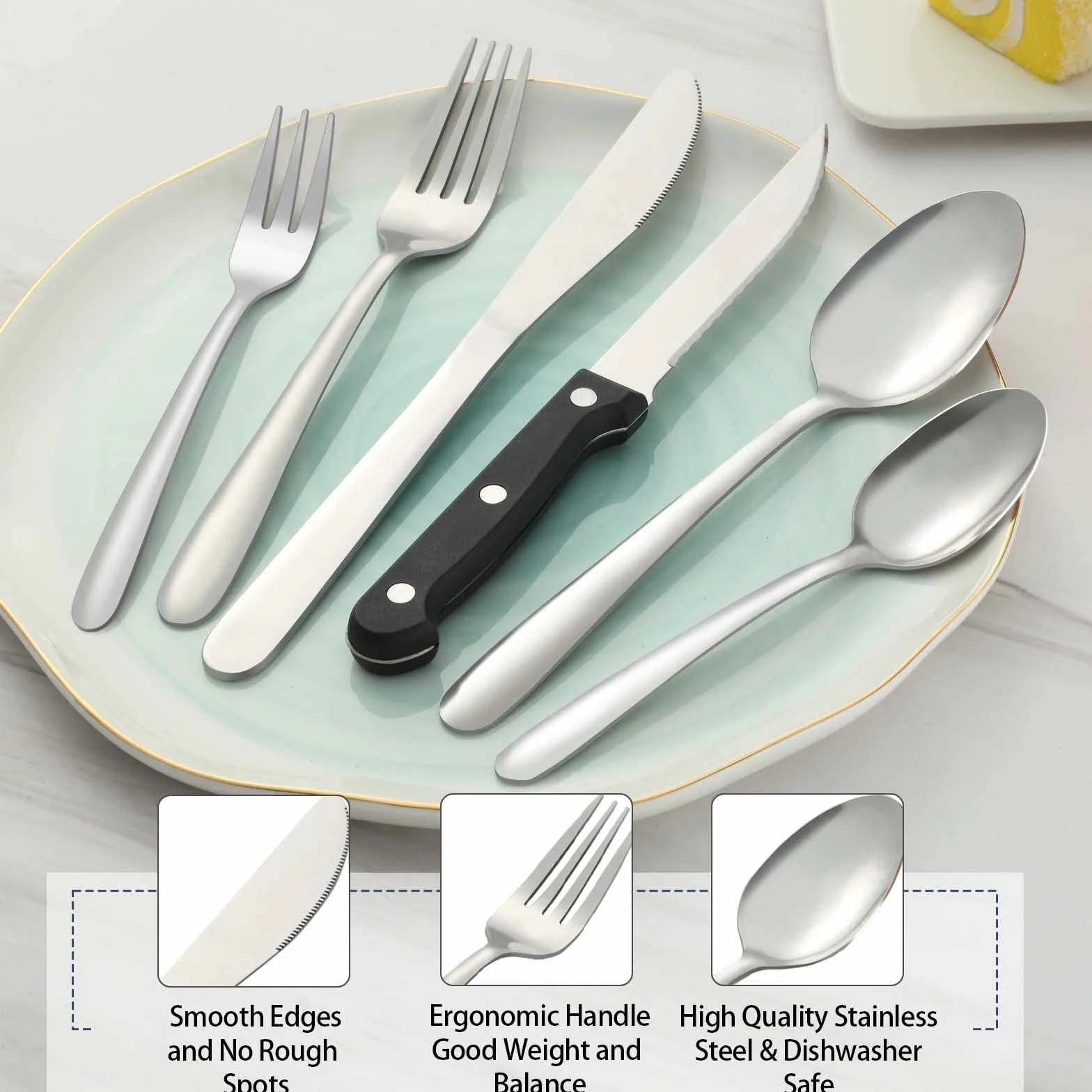 Pleafind set posate da 72 pezzi, acciaio inox 12 persone per uso alimentare, in argento con coltello, cucchiaio, forchetta, coltello da bistecca, lavabili in lavastoviglie