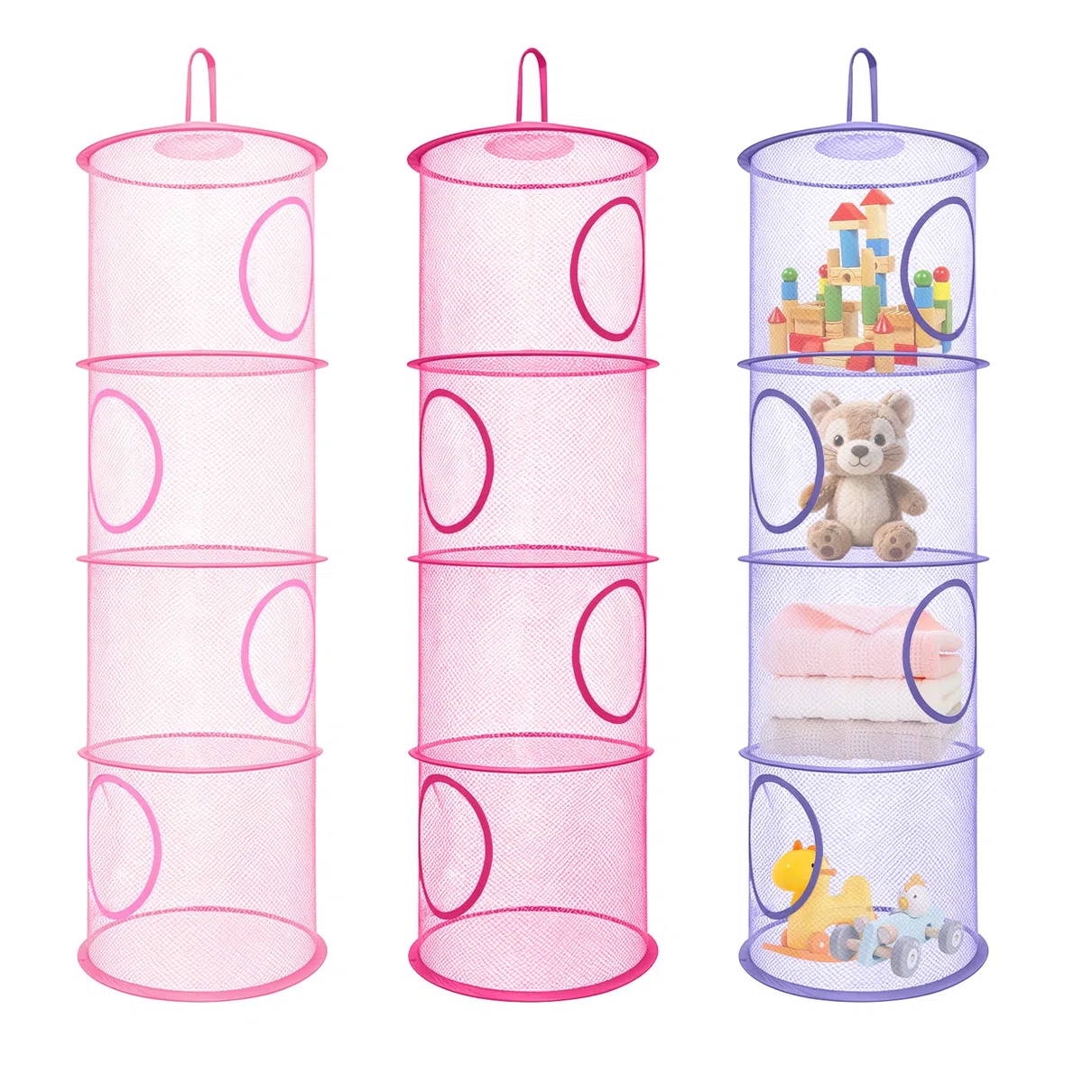 3pcs Organizer Portaoggetti Pieghevole da Appendere a 4 Livelli, Cesto Portaoggetti in Rete, Borsa Organizer per Peluche, Ideale per Cameretta, Bagno e Balcone-Rosa/Viola/Magenta