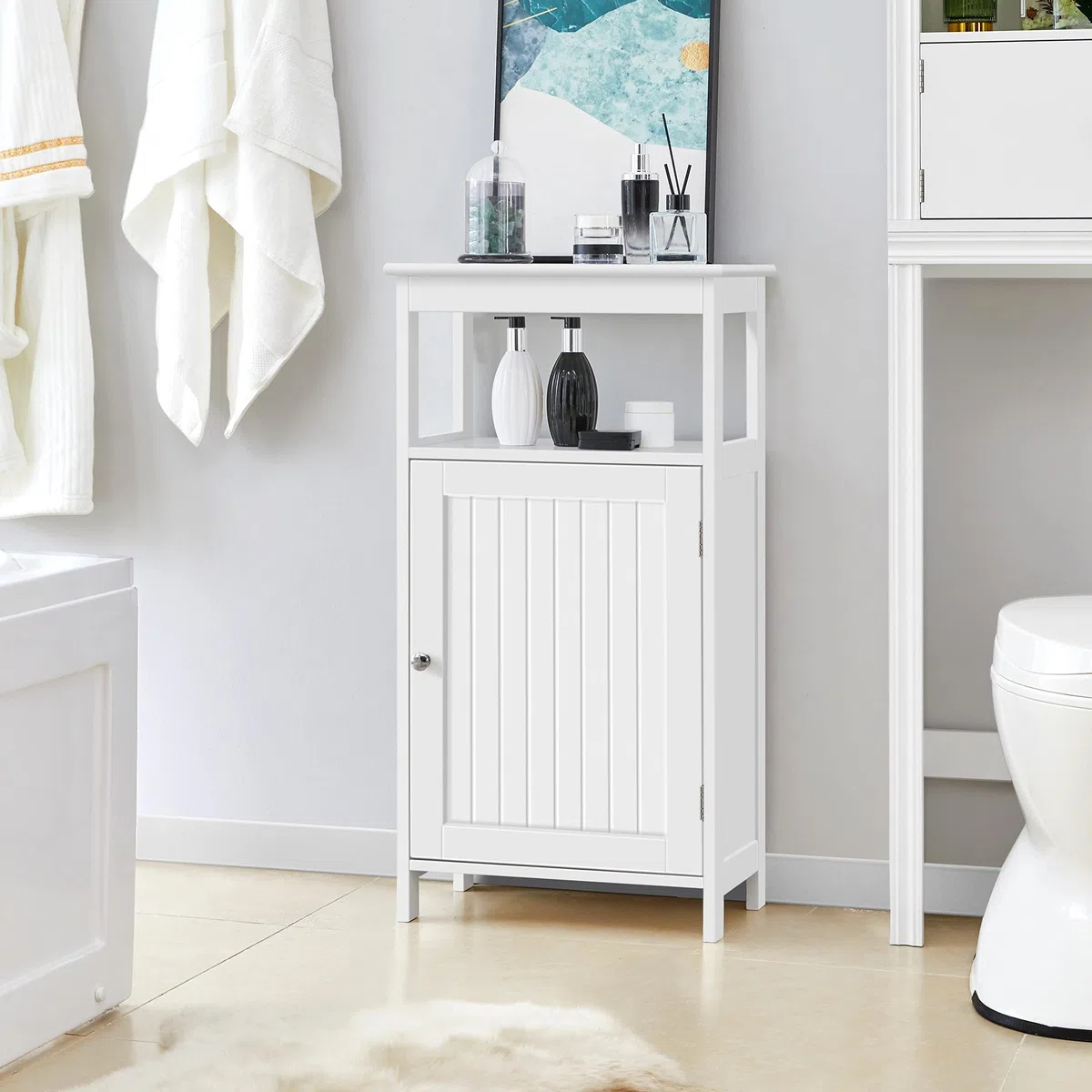 Yaheetech Mobile da Bagno Armadietto da Terra Autoportante Mobiletto in Legno con Ripiano Regolabile Armadio con Anta e Scomparto Multiuso Bianco 45 x 30 x 83,5 cm