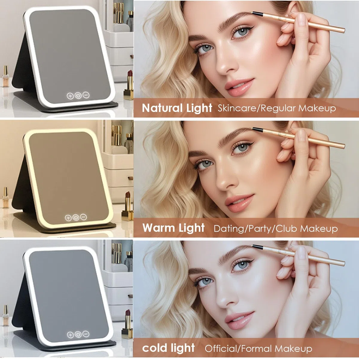 Specchio Trucco con Luci LED, Grande Specchio da Viaggio Pieghevole,Specchio Cosmetico Pelle PU,LED Specchio da Tavolo,Specchio da Scrivania Touch Make Up,3 Temperature di Colore (Square Bianco)
