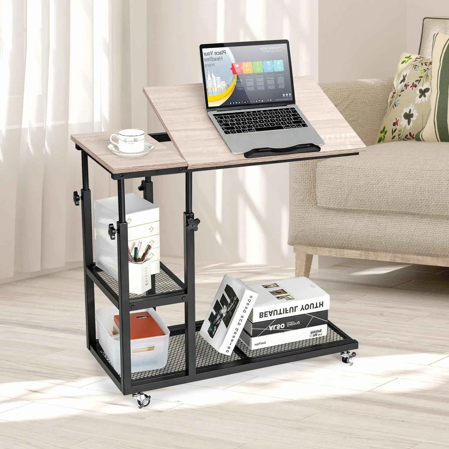 LIFEZEAL Tavolino da Divano, da Letto, a Forma di C, Scrivania Mobile Porta Laptop, PC, Serviletto, con 4 Ruote, Piano Inclinabile, Altezza Regolabile, per Soggiorno, Salotto, 80x40x64-95cm, Naturale