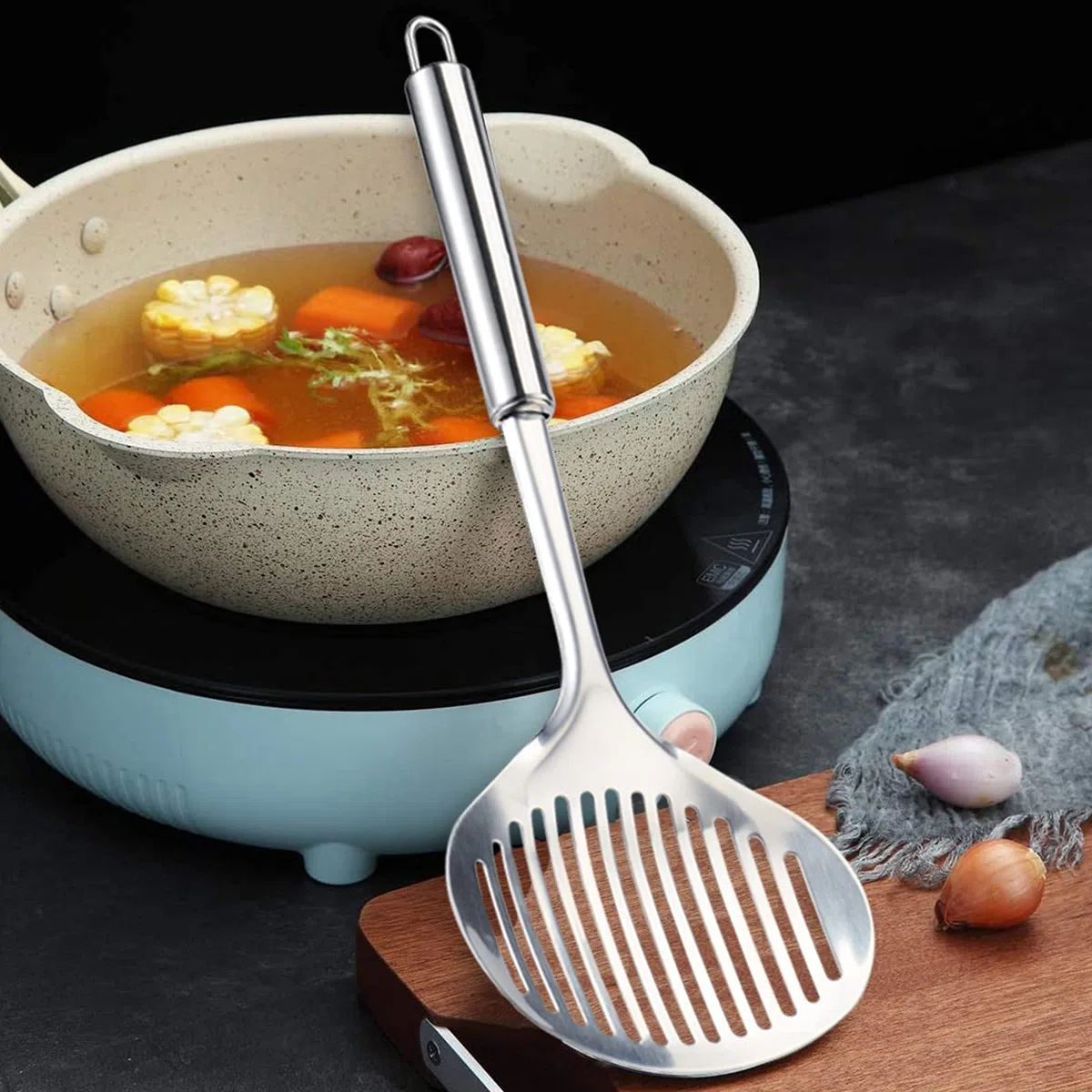 TENTA Cucina Multi Utensile da Cucina in Acciaio Inox Skimmer scanalato Turner Pesce Spatola Cucchiaio Colino Filtri Scolo Cucchiaio Mestolo Ragno Colino Schiumatore Mestolo per Cottura e Frittura