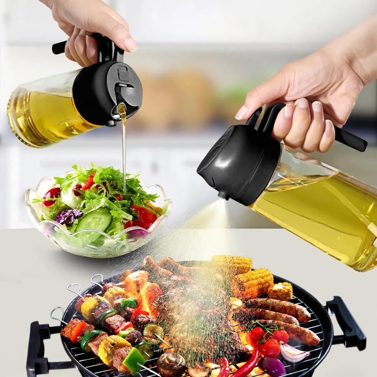 Spruzzino Olio per Friggitrice Aria 2 in 1, 470ml Spruzzatore Olio in Vetro, Oliera Spray, Nebulizzatore Olio, Olio Spray per Friggitrice ad Aria, Accessori Cucina