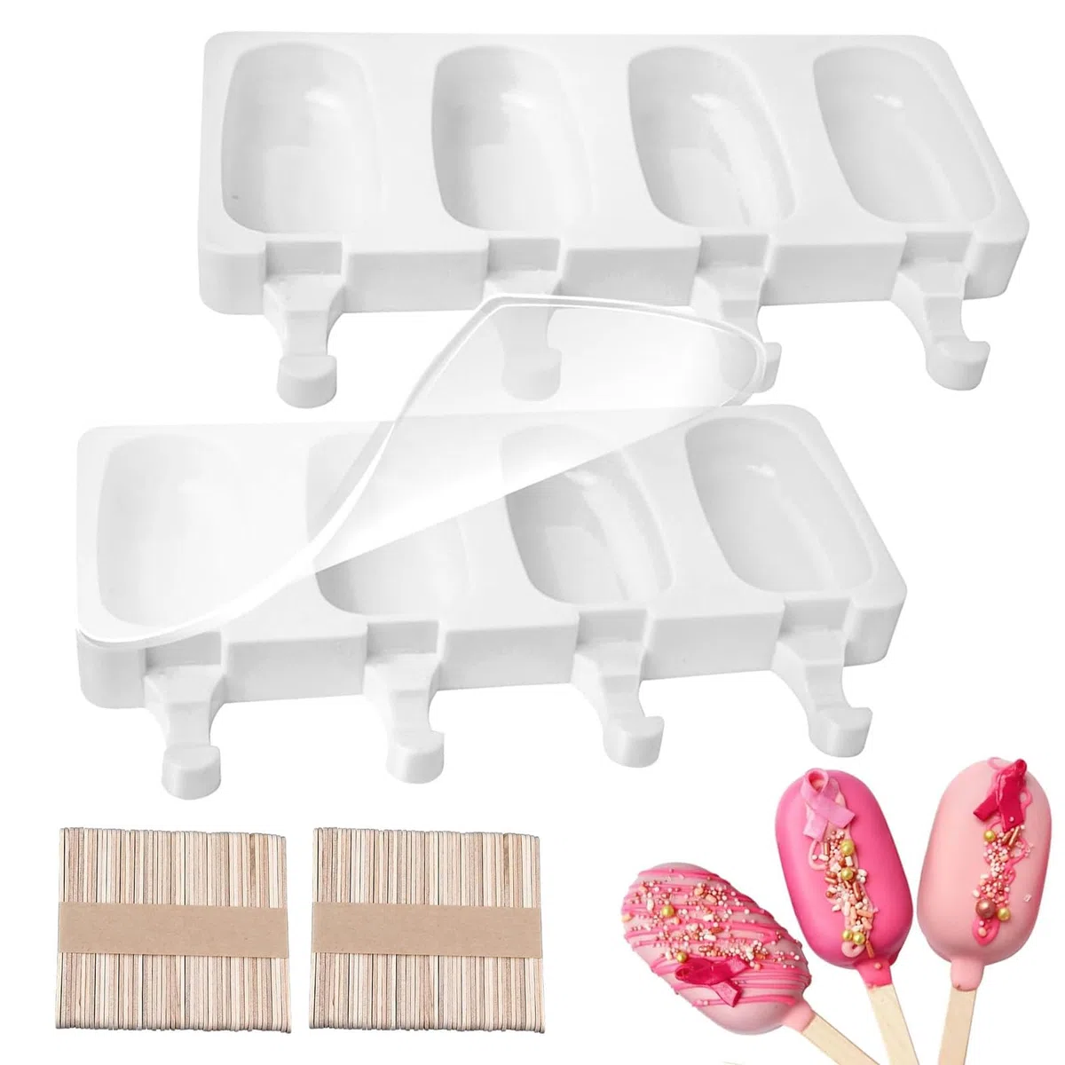 2 Pezzi Stampi Gelato con 100 Bastoncini Legno e Coperchio, 4 Cavità Stampo Ghiaccioli Silicone, Formine per Cioccolato Congelato Fai Te, Stampini Gelati Riutilizzabile per Bambini Adulti