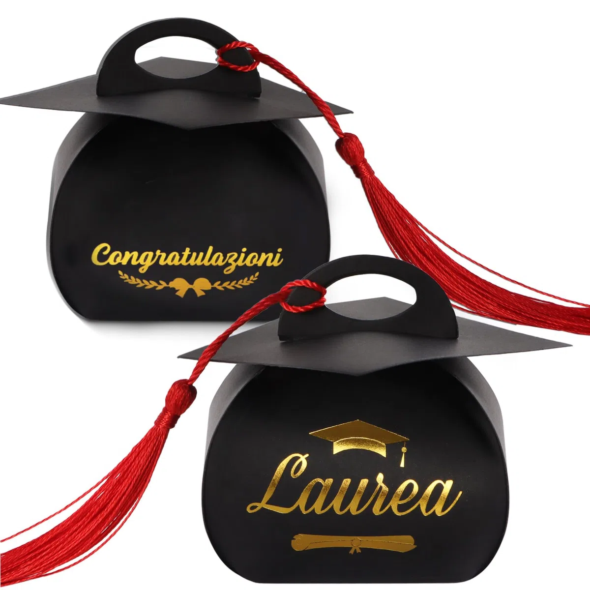 50pz Scatole Bomboniere Laurea Portaconfetti Con Cappello e 50pz Nappe Rosse Scatola Tocco Decorazione per Confetti Regalo Congratulazioni