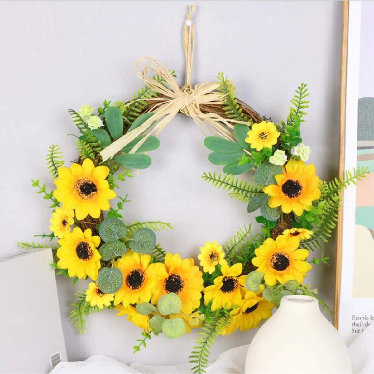 Corona di girasole artificiale da 17,7 pollici, corona floreale da appendere a porta anteriore, ghirlanda di fiori di seta gialla di simulazione, falsa primavera estate rattan Swag