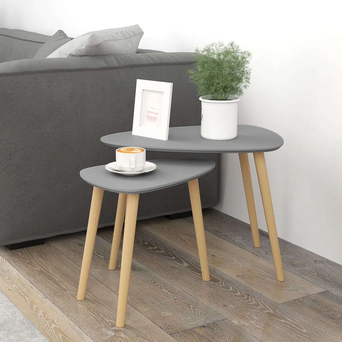 HOMCOM Set di 2 tavolini con gambe in legno Tavolini da caffè per soggiorno, camera da letto, ufficio 59,5x39,5x45 cm e 44,5x28,5x40 cm Grigio e naturale