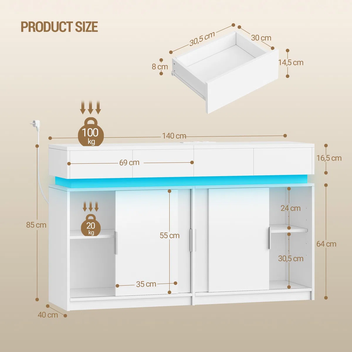 Hzuaneri Credenza Cucina, Mobile Cucina con 4 Cassetti, 4 Ante Scorrevoli, Presa Elettrica e Illuminazione a LED, Ripiani Regolabili, stile Moderno, per Cucina, Soggiorno, 40 x 140 x 85 cm, Bianco