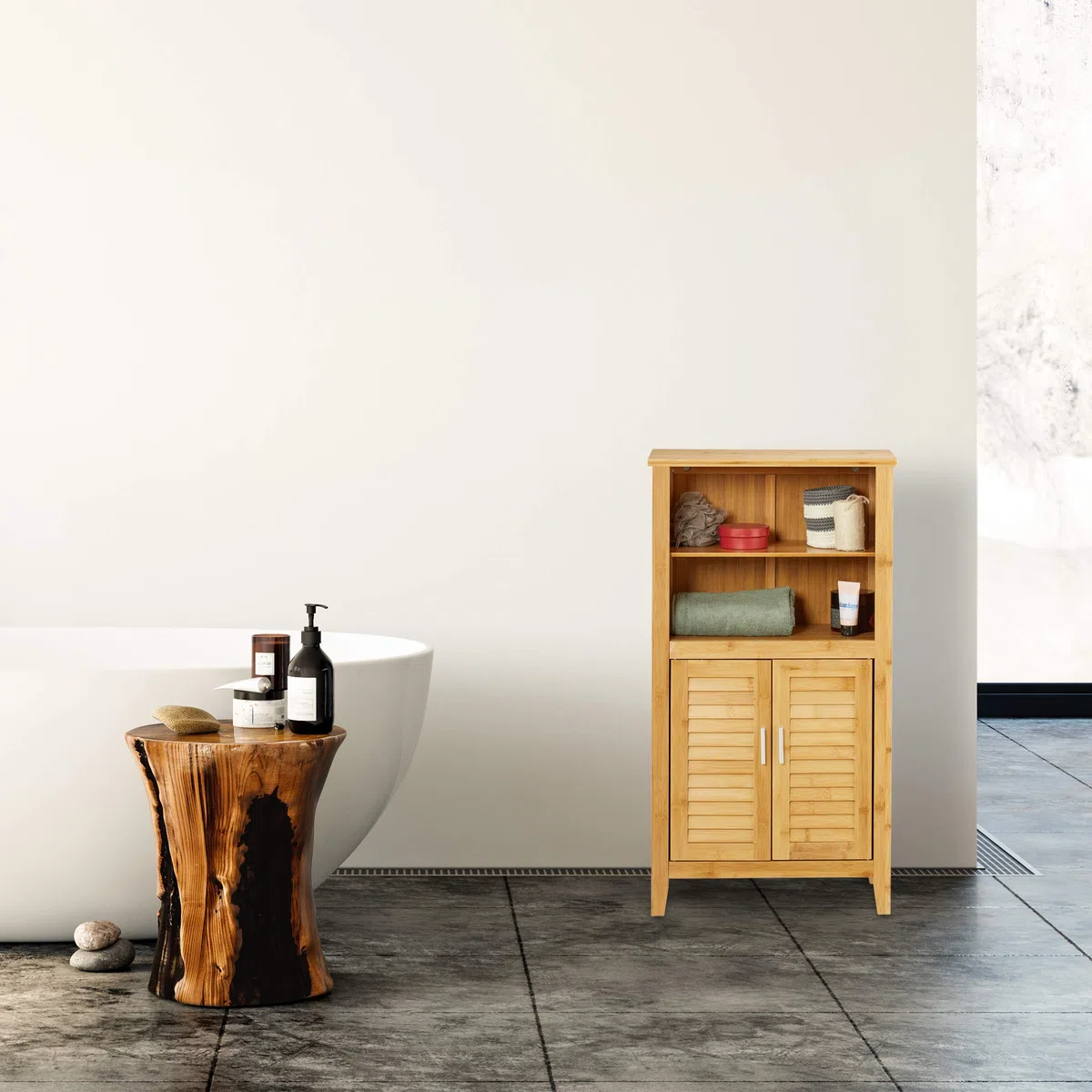 Relaxdays Mobile Armadietto LAMELL in bambù & MDF, Mobiletto Bagno, Lamellato, 2 Ante, 92x50x25 cm ca, Naturale, bambú, Marrone, 25x50x92 cm