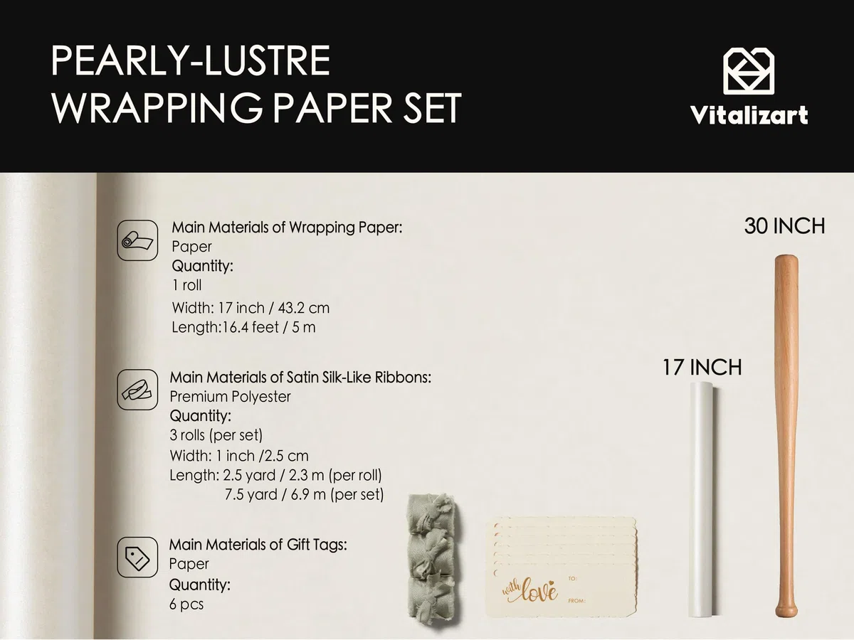 Vitalizart 43cm x 5m Carta da Regalo Bianco, Perlata con Nastro di Raso di Chiffon Verde Salvia & Etichette Regalo Riciclabili, Rotolo di Carta da Regalo per Natale, Compleanno & Matrimonio