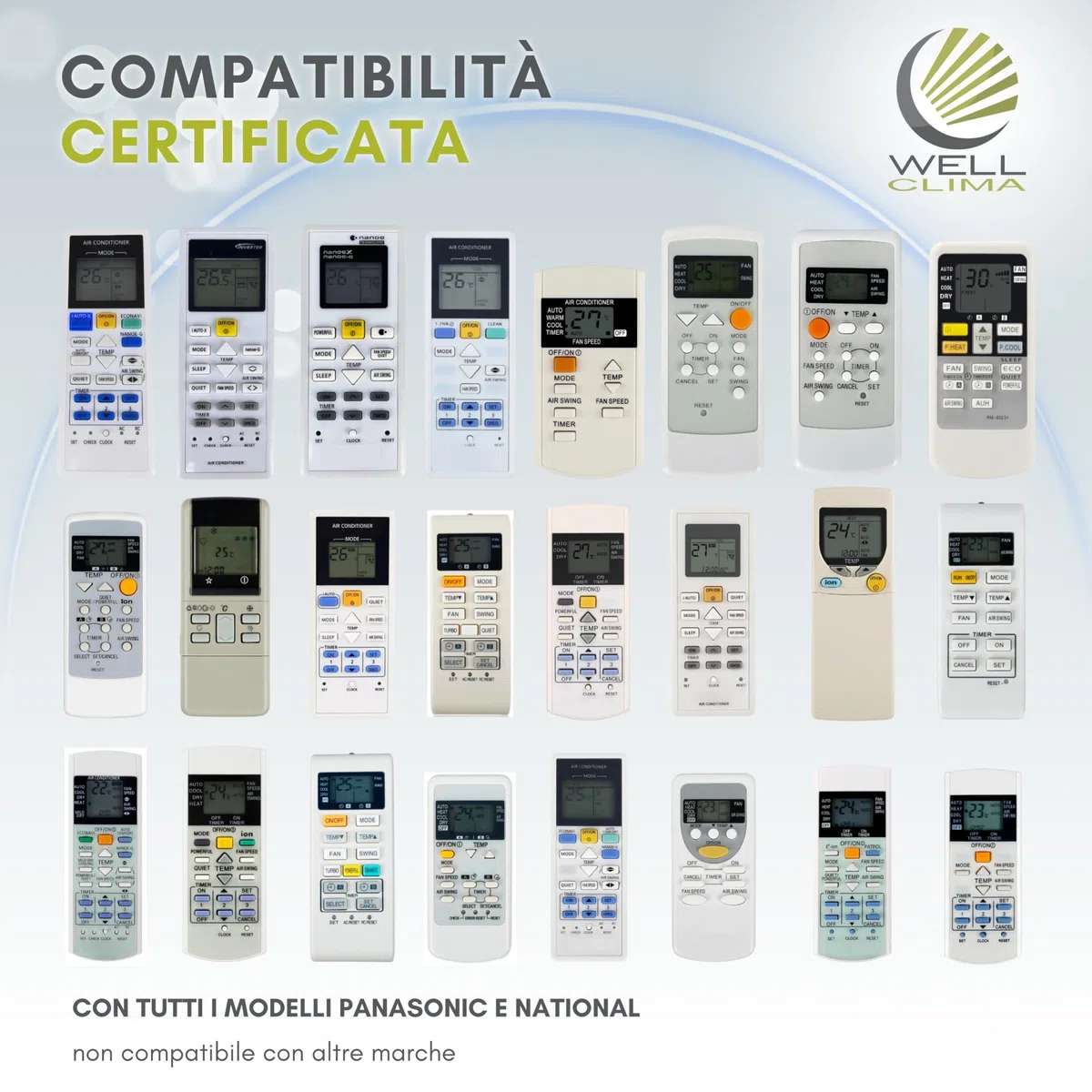 Wellclima Telecomando Universale specifico per Condizionatore Panasonic National, Compatibilità Totale Climatizzatore Pompa di Calore Inverter, Istruzioni Multilingua, Pronto all’Uso in pochi secondi