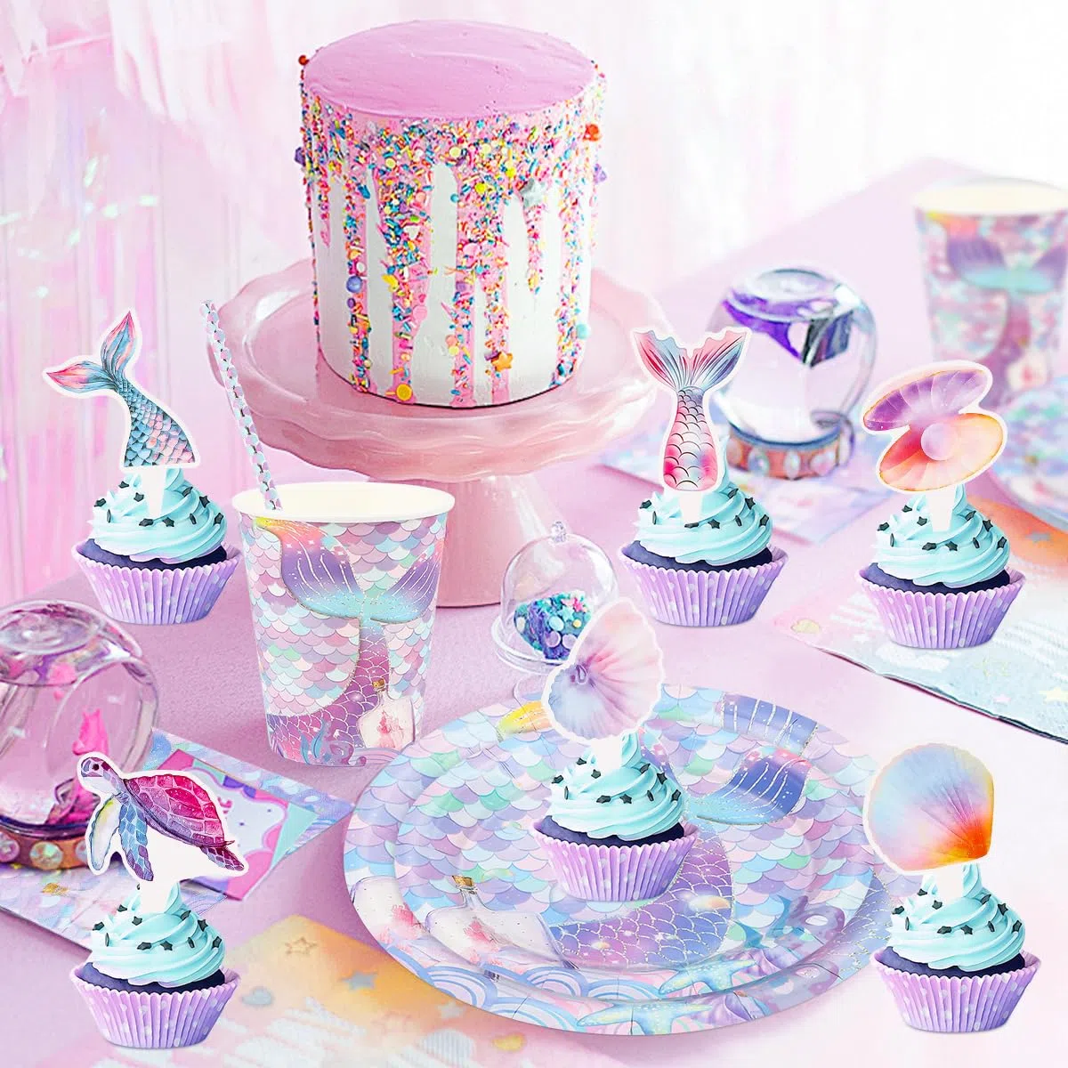 AKONE Set di stoviglie da festa a forma di sirena, 62 pezzi, decorazione di compleanno per bambini, piatti di carta, tazze, tovaglioli, tovaglie e striscioni di compleanno