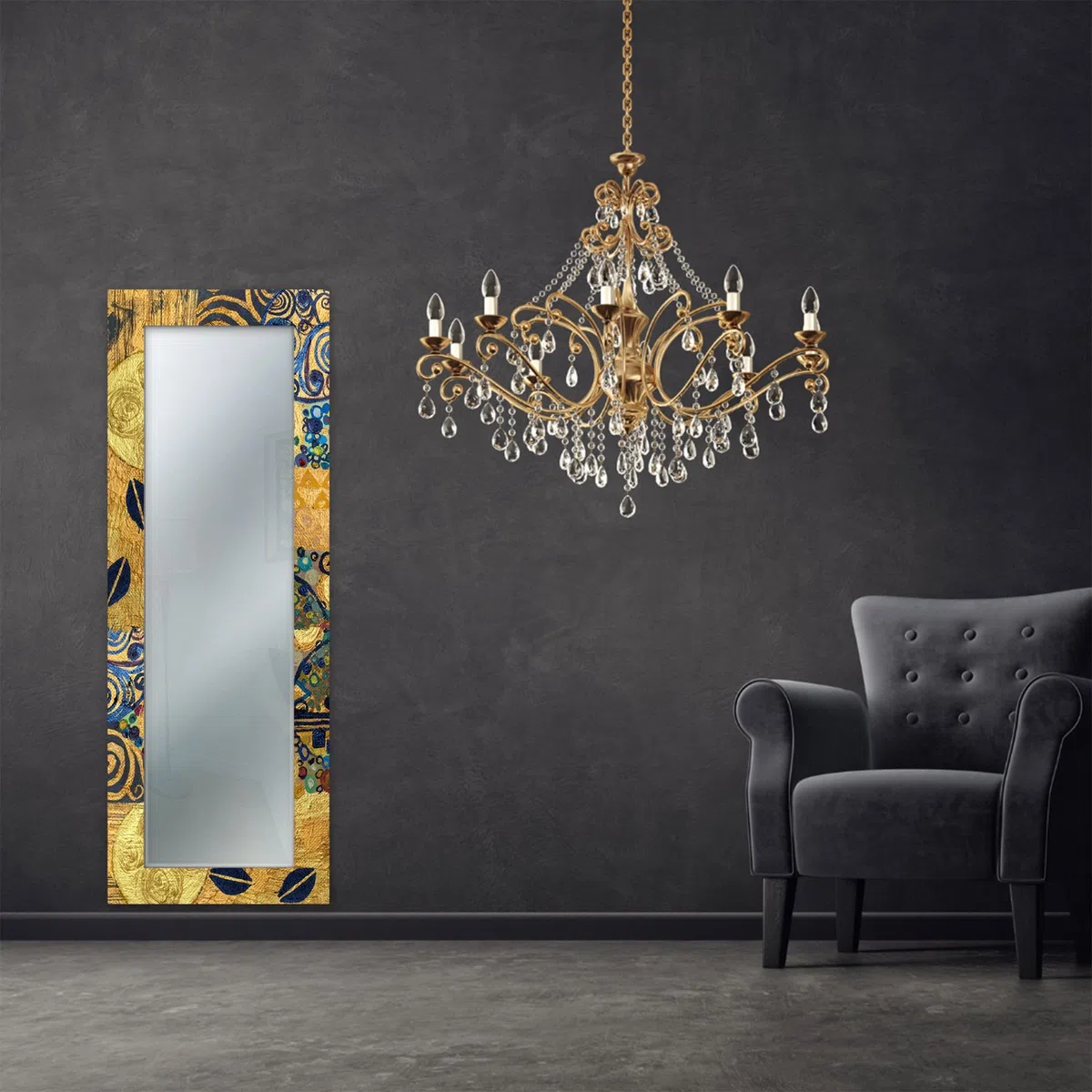 Lupia - Specchio da Parete Moderno, MIRROR FANTASY KLIMT GOLD, Cornice Stampata in Legno, 52x152 cm, Per Camera da Letto, Soggiorno, Ingresso, Vetro di Riflettanza