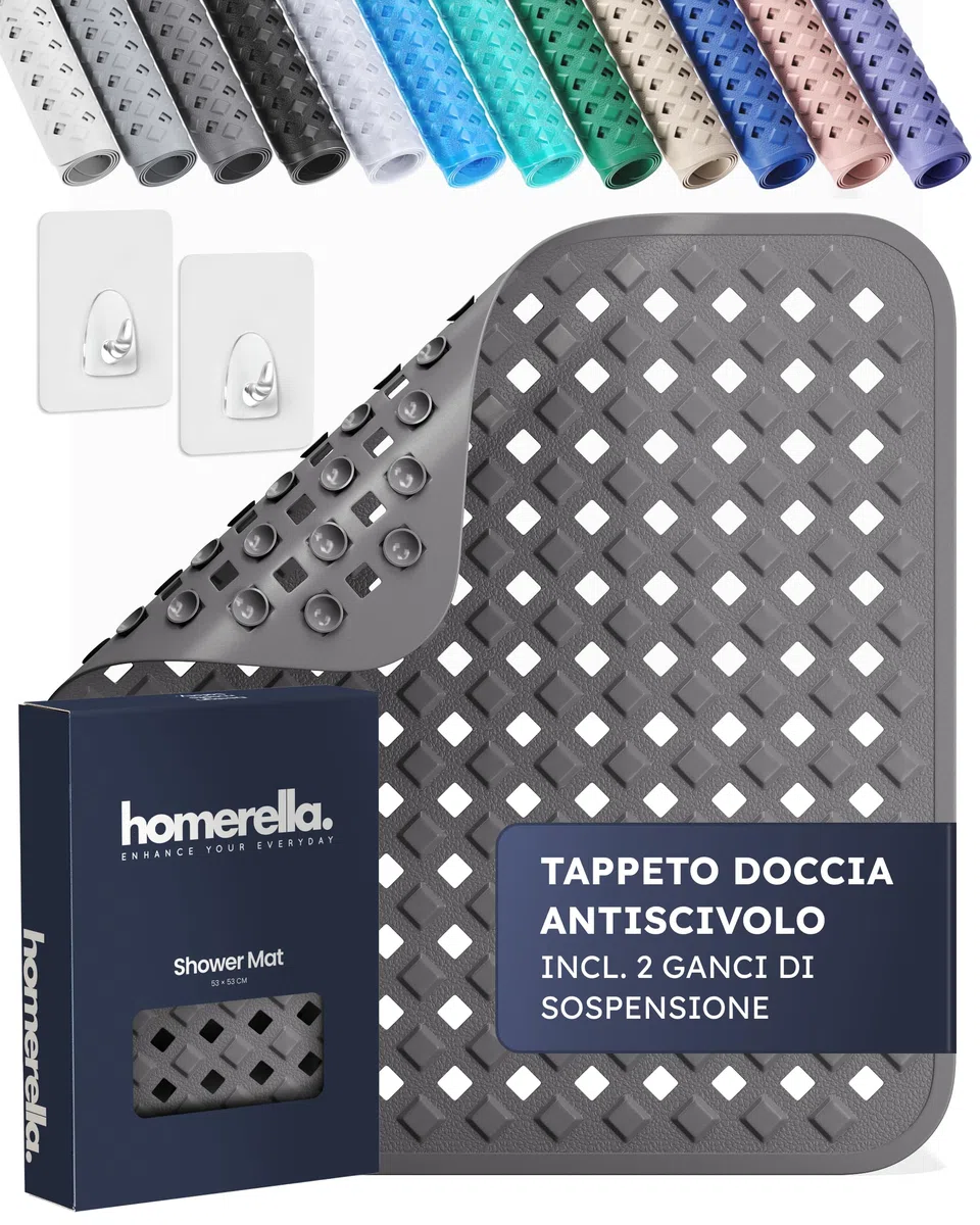 homerella® Tappeto doccia antiscivolo 53x53cm [INCL. Ganci] - Tappetino doccia antiscivolo sensibile alla pelle - Tappeto per doccia antiscivolo rettangolare - Tappetini antiscivolo per doccia