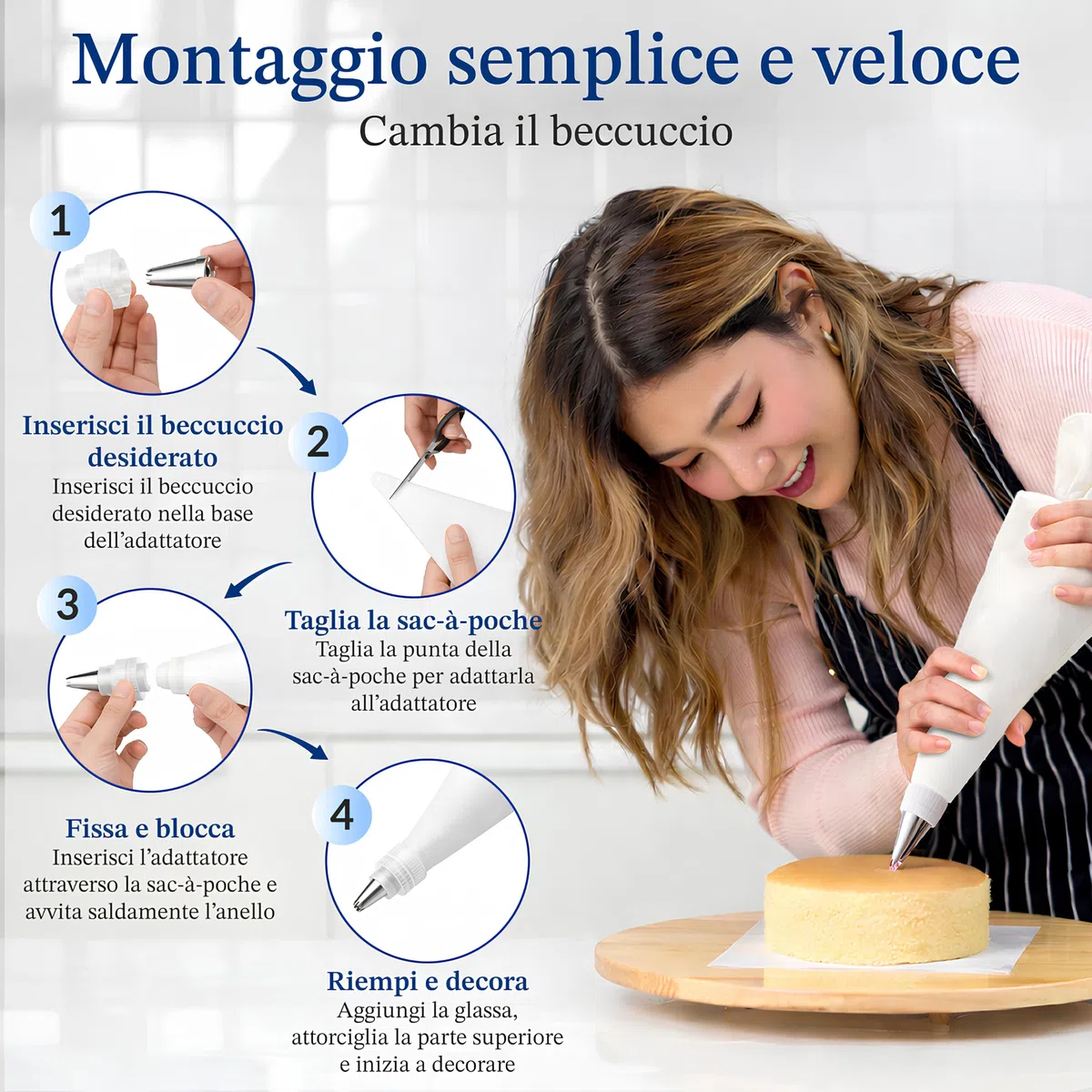 Sac à Poche Riutilizzabile Professionale in Cotone Extra Resistente Set con 10 Beccucci in Acciaio Inox 304 + 2 Spazzole Ideale per Torte e Cupcake