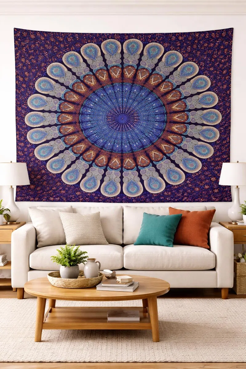Telo Copritutto Mandala 210x240 cm, Copridivano 3 Posti Boho Indiano in Cotone, Multiuso per Mare, Picnic, Arazzo da Parete, Casa e Viaggio