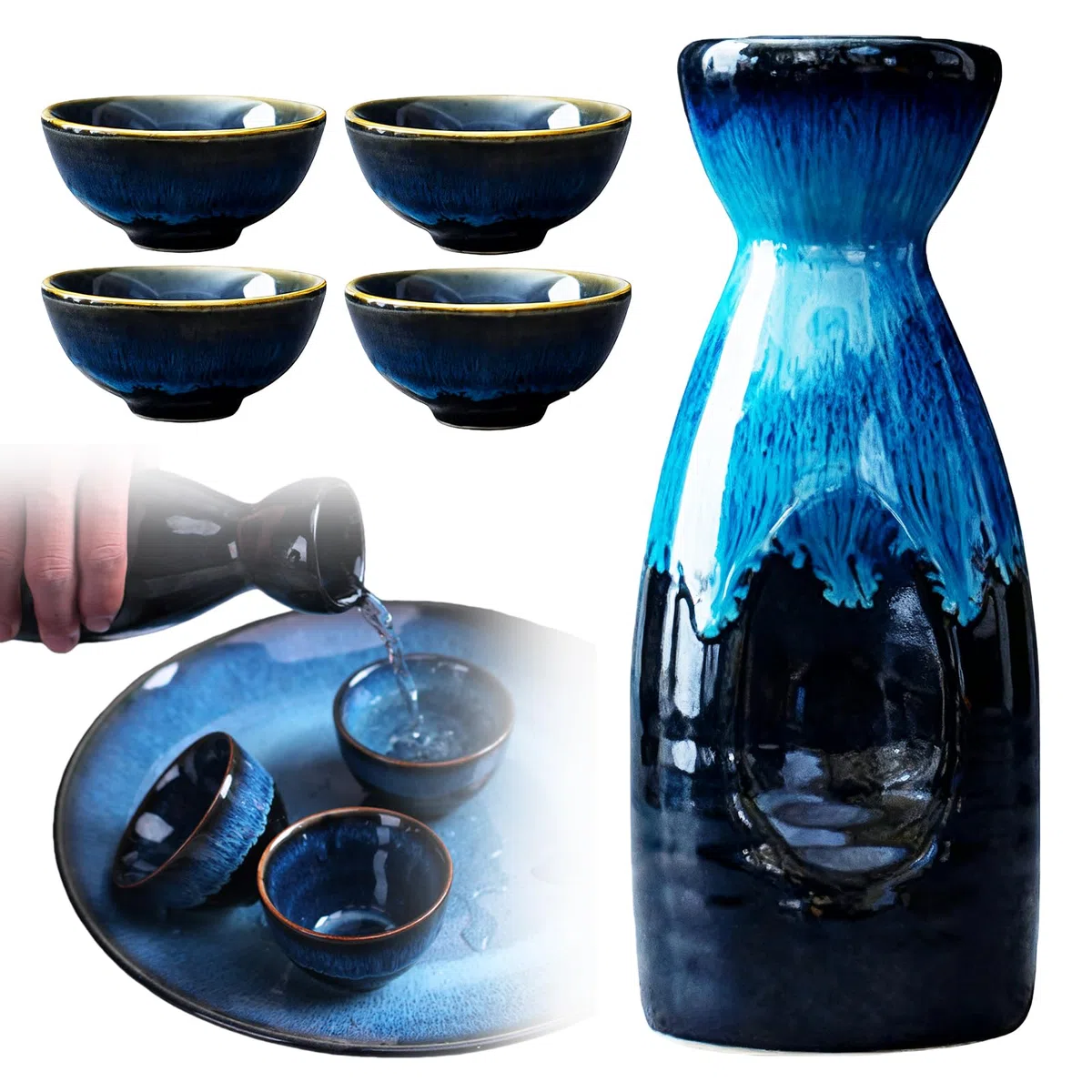 BORDEAG Set di 5 sake da 310 ml, in ceramica giapponese, vetro borosilicato di alta qualità con tazza e vaso di vino, elegante porcellana blu