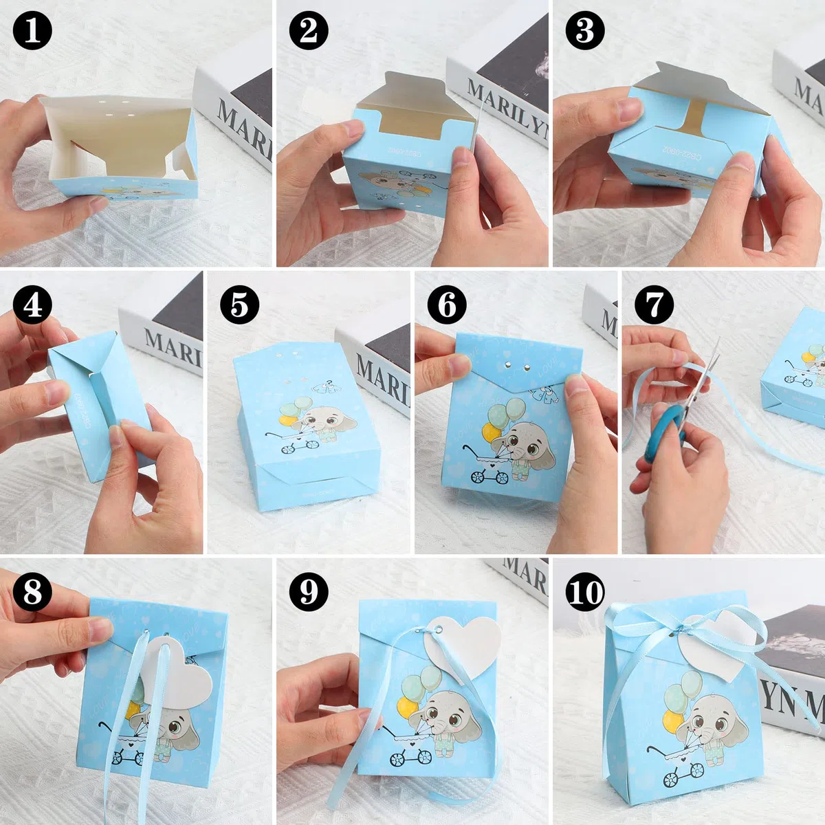 50 Pezzi Scatoline Bomboniere Battesimo, Elefante Blu Portaconfetti Nascita Bambino, Carta Regalo Decorazione Confetti con L'amore Bigliettini e Nastro per Festa Battesimo Compleanno Matrimonio