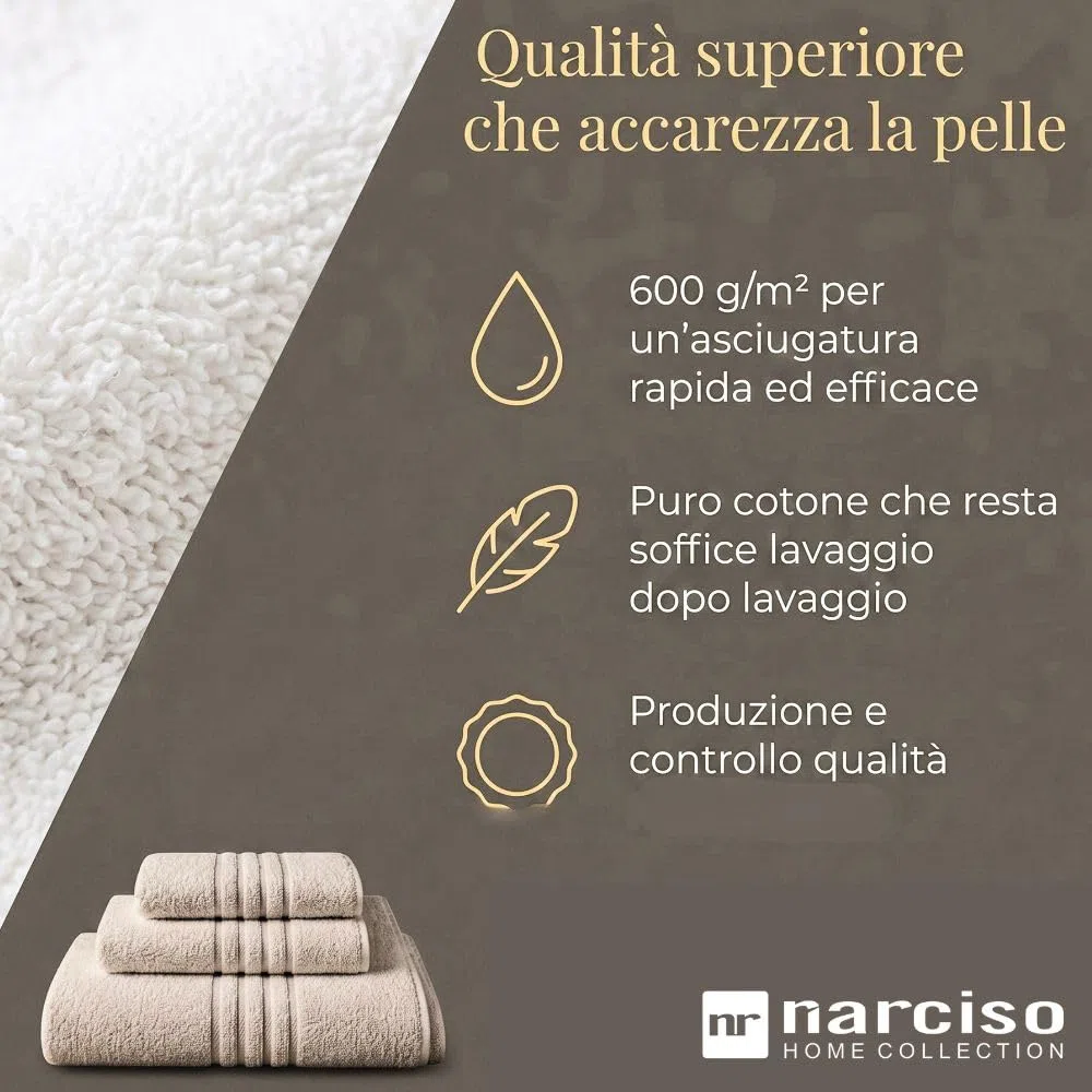 NARCISO - Set Asciugamani Bagno 12 Pezzi per Hotel, B&B e Casa in Cotone, Asciugamani Bianchi Classici (4 Viso, 4 Doccia, 4 Ospite) Bath Towels ad Alta Assorbenza (4 Tris)