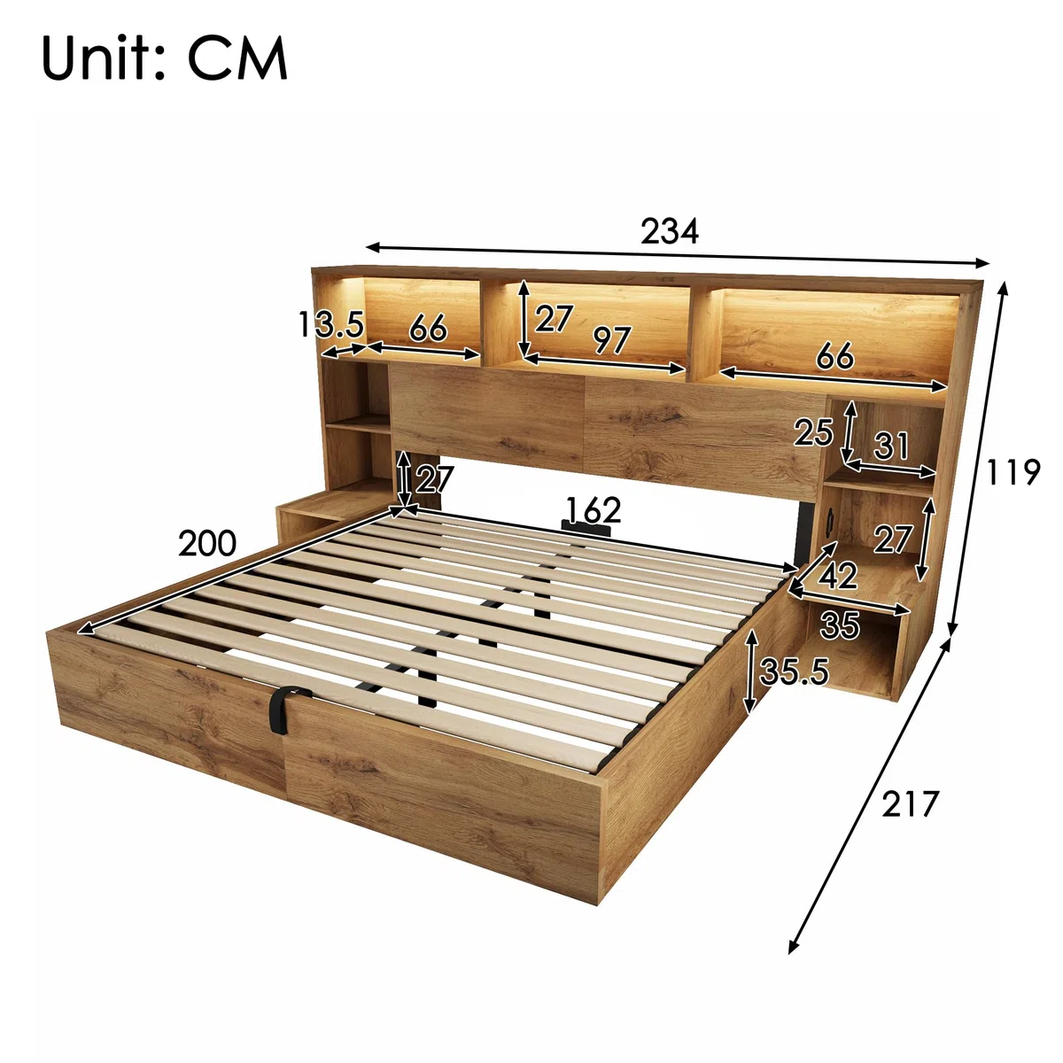 Letto matrimoniale in legno, 160 x 200 cm, letto in legno massello, con vano idraulico e comodini integrati, con ripiano per testiera e rete a doghe, letto di sistema, rovere (senza