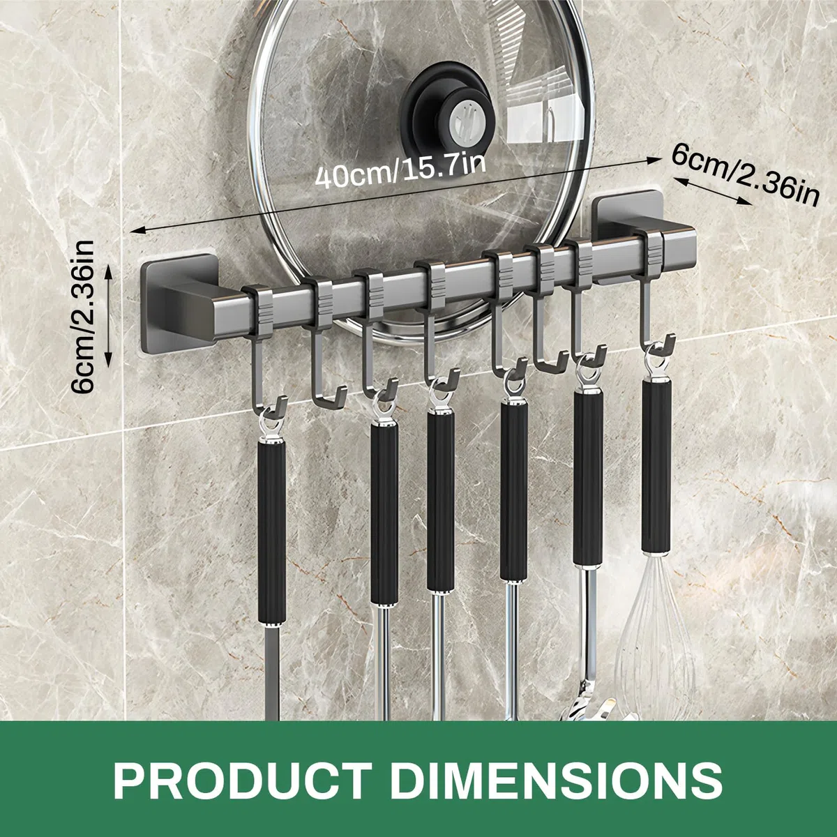 Porta Utensili da Cucina Autoadesivo con 8 Ganci Mobili,40cm Gancio da Parete Mobile Barra Portautensili Cucina,Barra Portautensili Cucina per Pentole,Portacoltelli