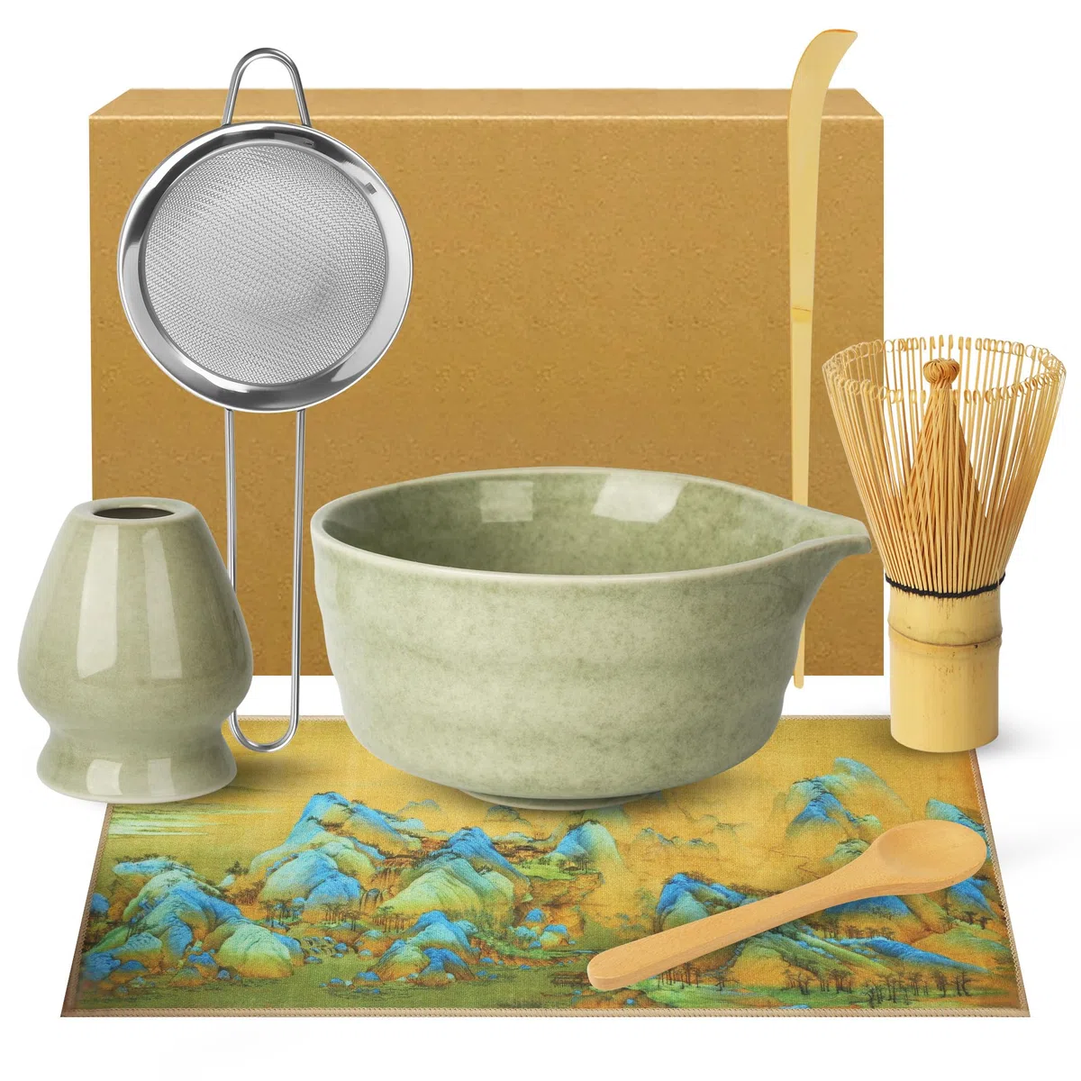 Macha Tea Kit, 7 Pezzi Matcha Kit, Completo con Matcha Whisk, Ciotola Matcha, Supporto Chasen, Setaccio da Matcha, Tappeto con Motivo, 2*Cucchiaio Matcha, Ideale per la Preparazione del tè Matcha