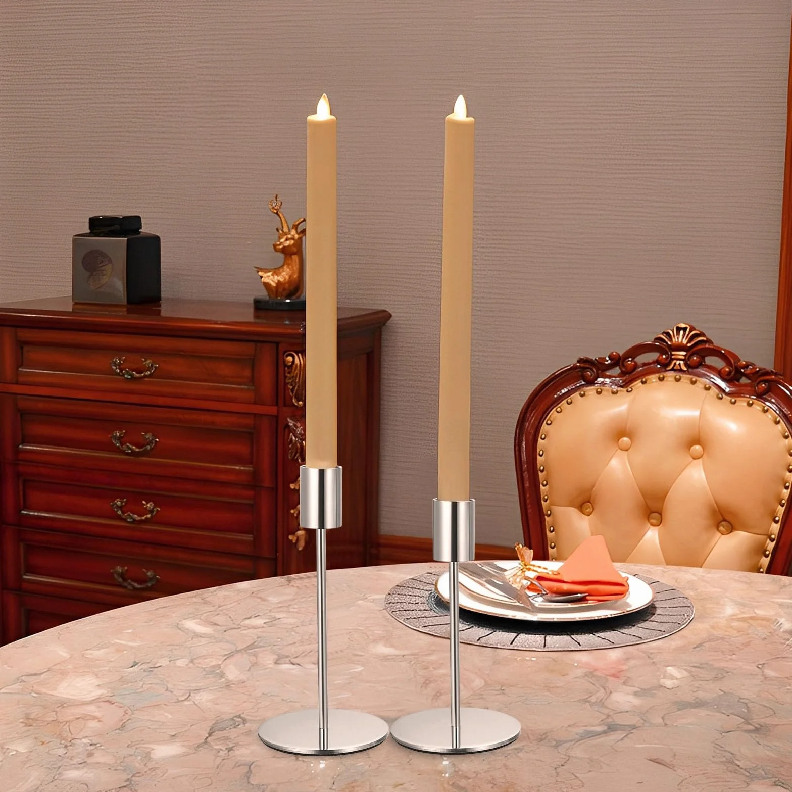 3 Pz Porta Candele da Tavolo, Portacandele Argento, 8.5/14/16cm Candelabro Portacandele in Metallo per Candela cilindrica, Candeliere da Tavolo per Matrimoni Compleanni Natale Decorazioni(Argento)