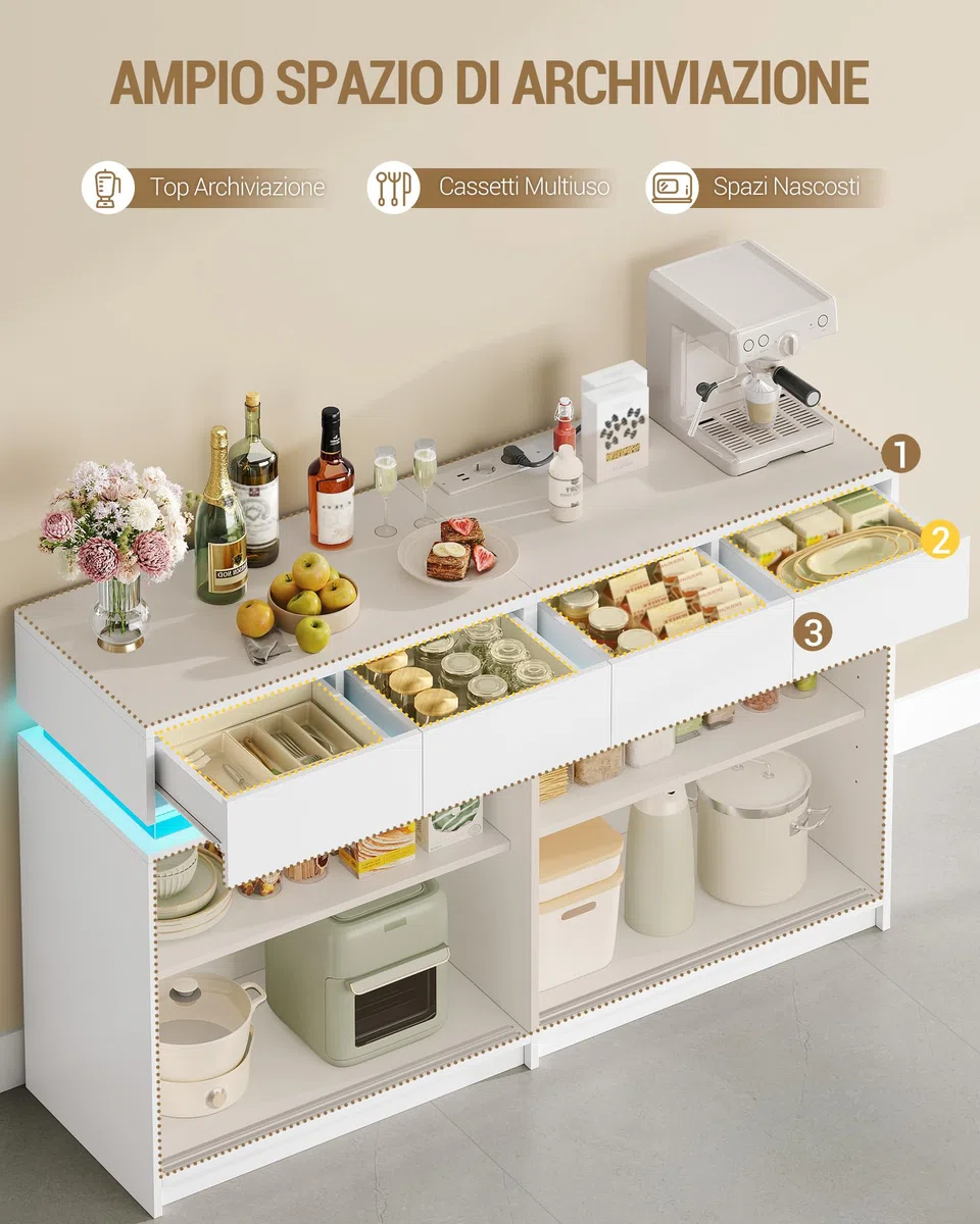 Hzuaneri Credenza Cucina, Mobile Cucina con 4 Cassetti, 4 Ante Scorrevoli, Presa Elettrica e Illuminazione a LED, Ripiani Regolabili, stile Moderno, per Cucina, Soggiorno, 40 x 140 x 85 cm, Bianco