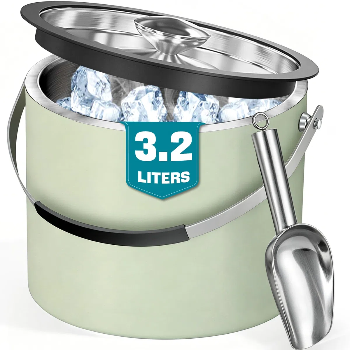 Secchiello per il ghiaccio in acciaio inox da 3,2 l, con coperchio e paletta, secchiello per ghiaccio a doppia parete isolante per cocktail bar e feste (verde menta)