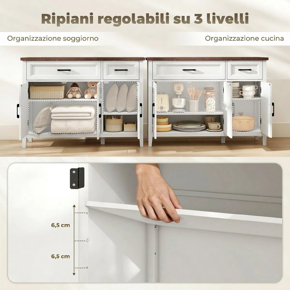 HOMCOM Credenza Cucina, Mobile Cucina con 3 Ante a Fienili, Ripiani Regolabili e 2 Cassetti, Piano Effetto Legno, Stile Rustico, Mobile Buffet per Soggiorno, Sala da Pranzo, 110x35x80.5 cm, Bianco