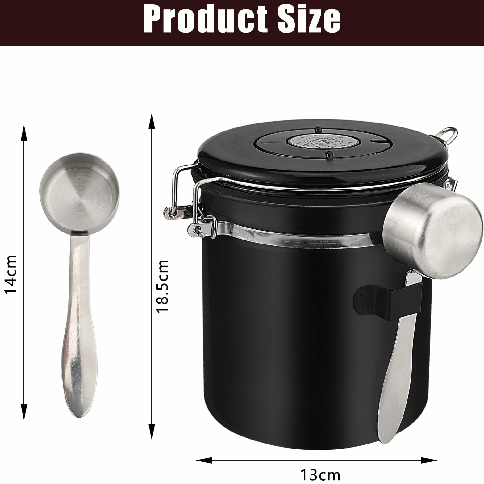 Barattolo Caffe (1,5L), Contenitore Ermetico Caffè, Materiale In Acciaio Inossidabile, con cucchiaio incluso,adatto per conservare chicchi di caffè, spezie, tè e noci (Nero)