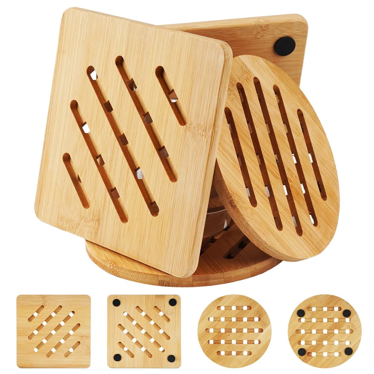 HIKPACKER 4 Pezzi Sottopentola In Bambù, Resistente Al Calore Sottopentola Legno, Antiscivolo Sotto Pentola Da Tavola, Poggiapentola, Sotto Pentola per Protezione Cucina E Tavoli Dal Calore