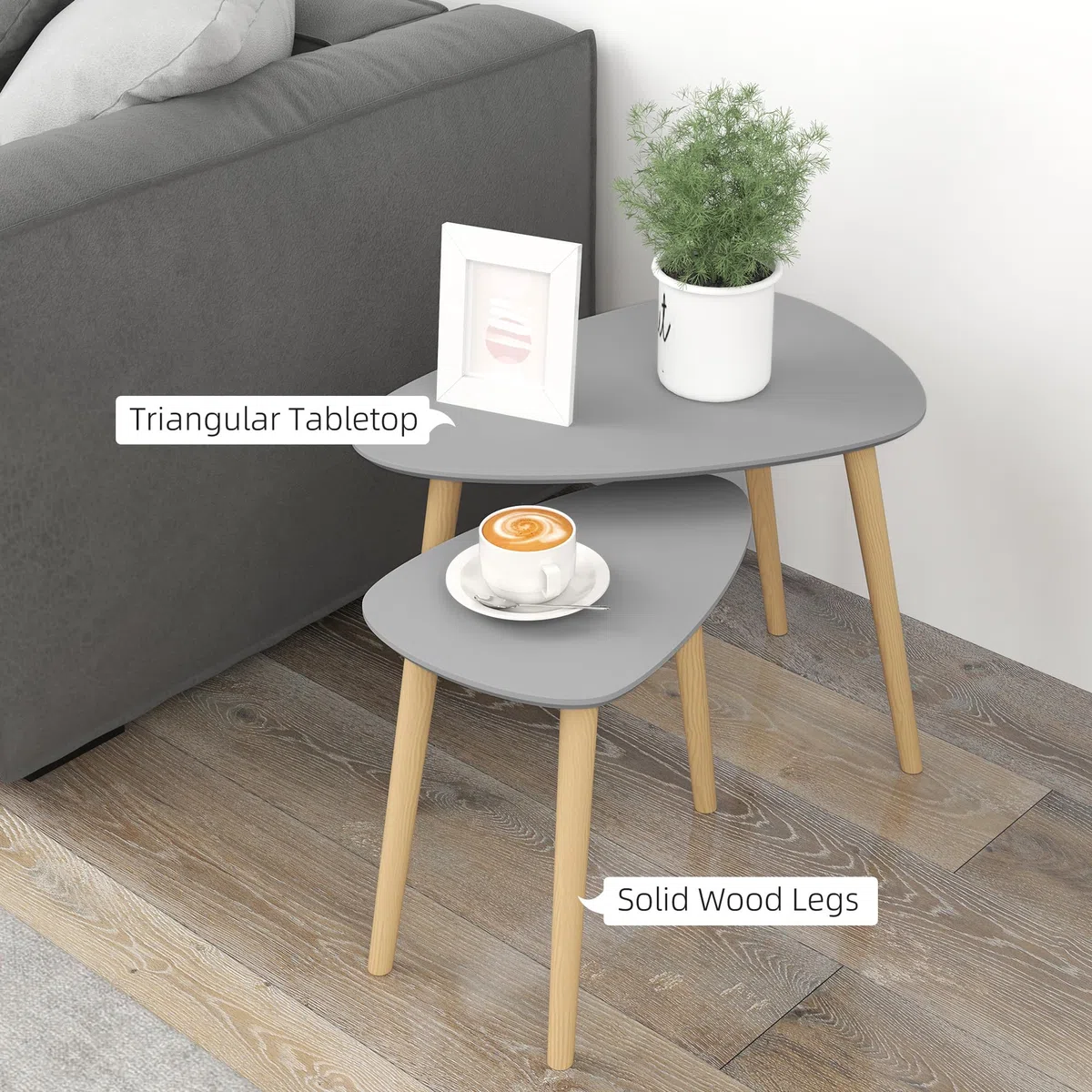 HOMCOM Set di 2 tavolini con gambe in legno Tavolini da caffè per soggiorno, camera da letto, ufficio 59,5x39,5x45 cm e 44,5x28,5x40 cm Grigio e naturale