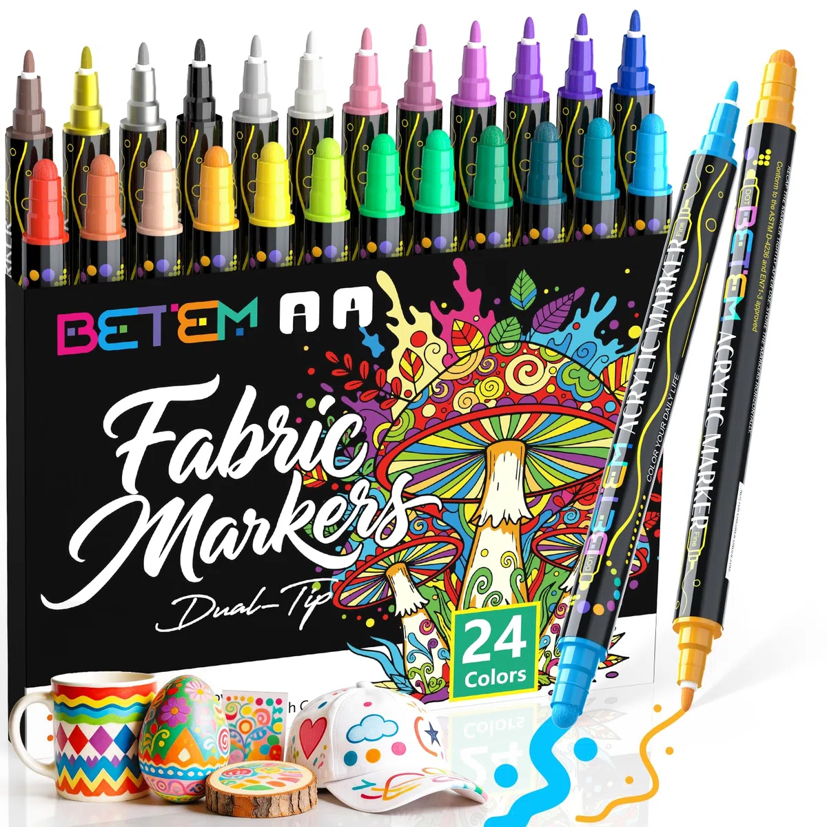 Betem 24 Colori Pennarelli Acrilici Doppia Punta, Pennarelli per Tessuti, Sassi, Dipingere, Legno, Roccia, Pietra, Vetro, Ceramica, Acrylic Marker per Tela