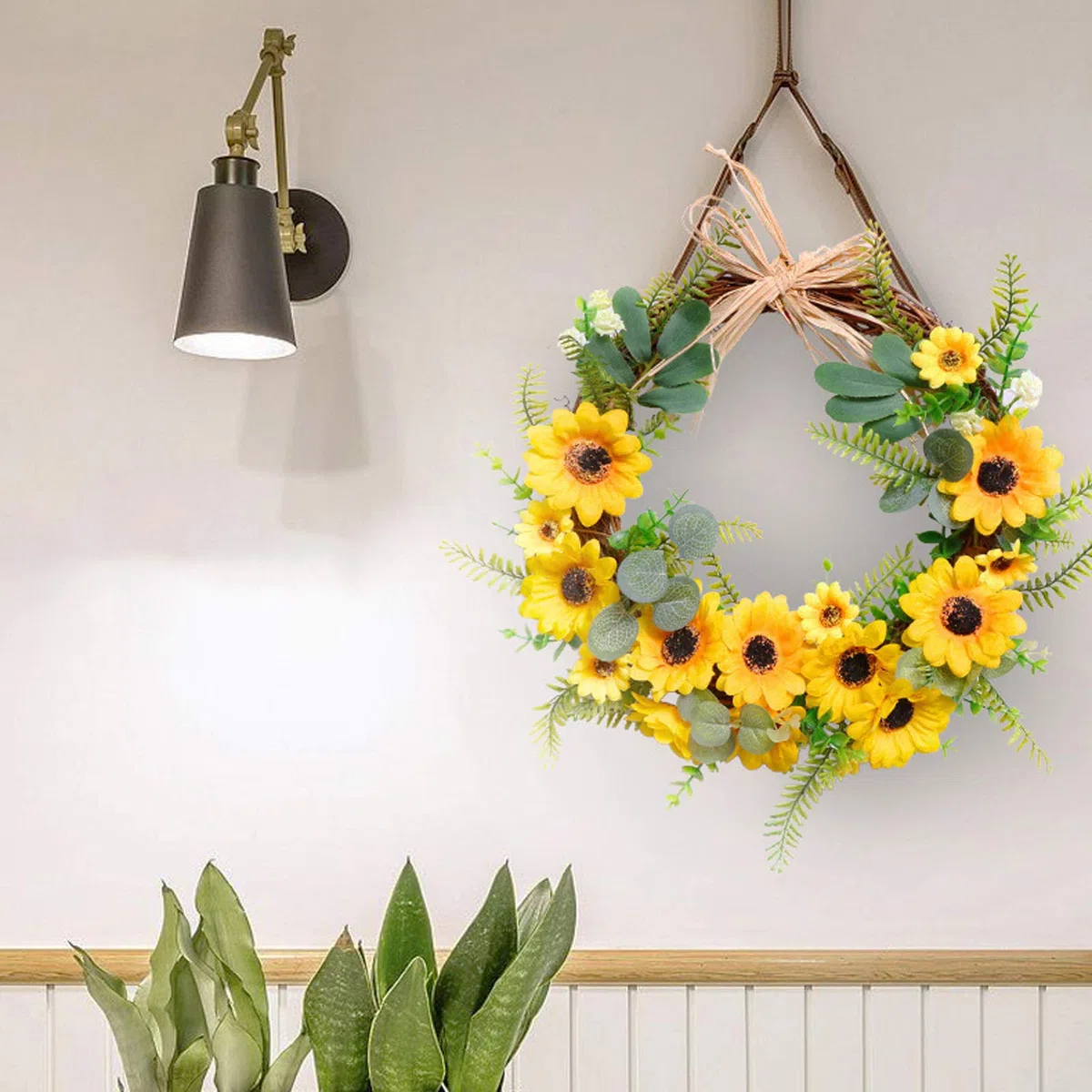 Corona di girasole artificiale da 17,7 pollici, corona floreale da appendere a porta anteriore, ghirlanda di fiori di seta gialla di simulazione, falsa primavera estate rattan Swag
