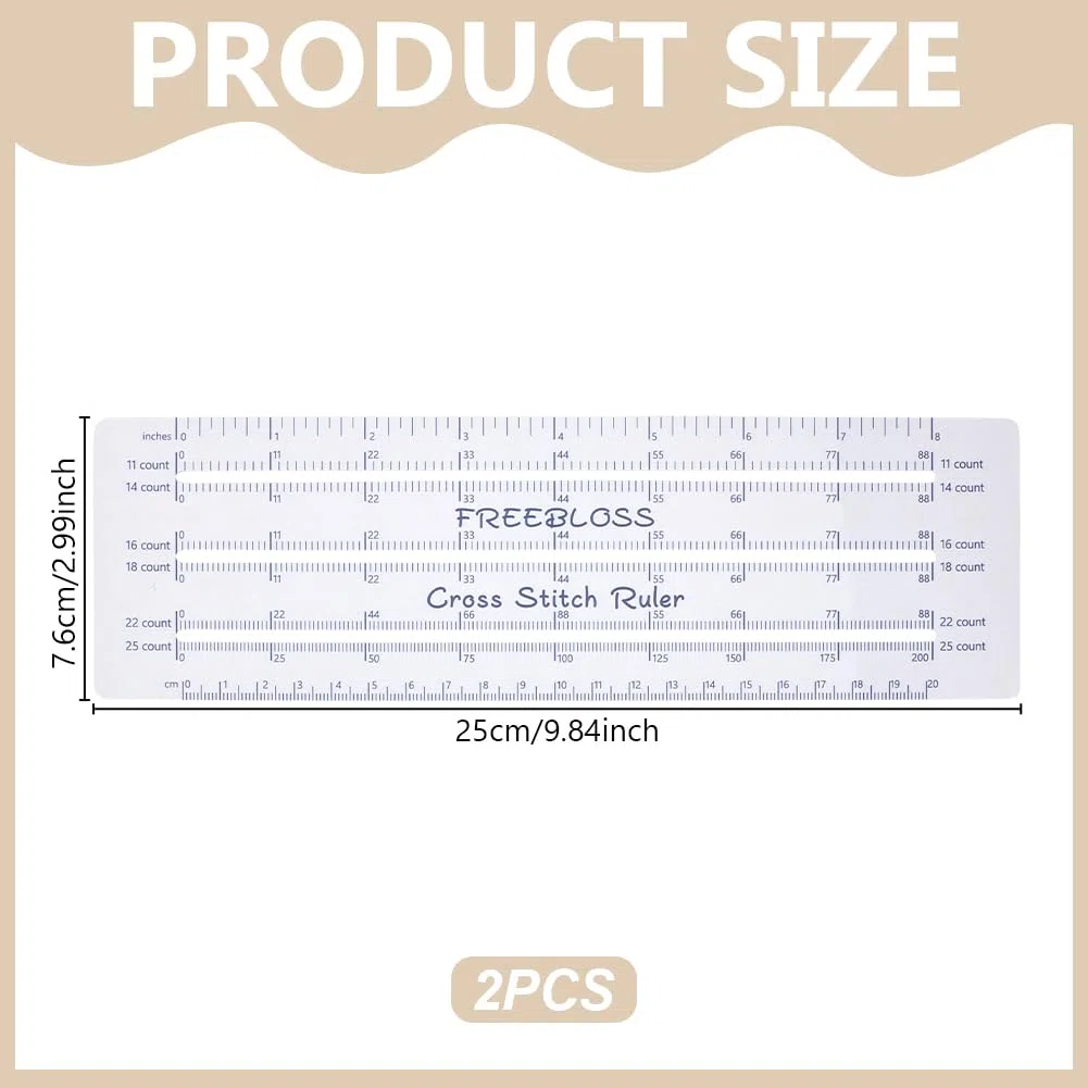 FREEBLOSS 2 righelli per punto croce, per punto croce, per 6 conteggi in tessuto, strumento di misurazione in plastica per contare i punti, 24,9 x 7,6 cm