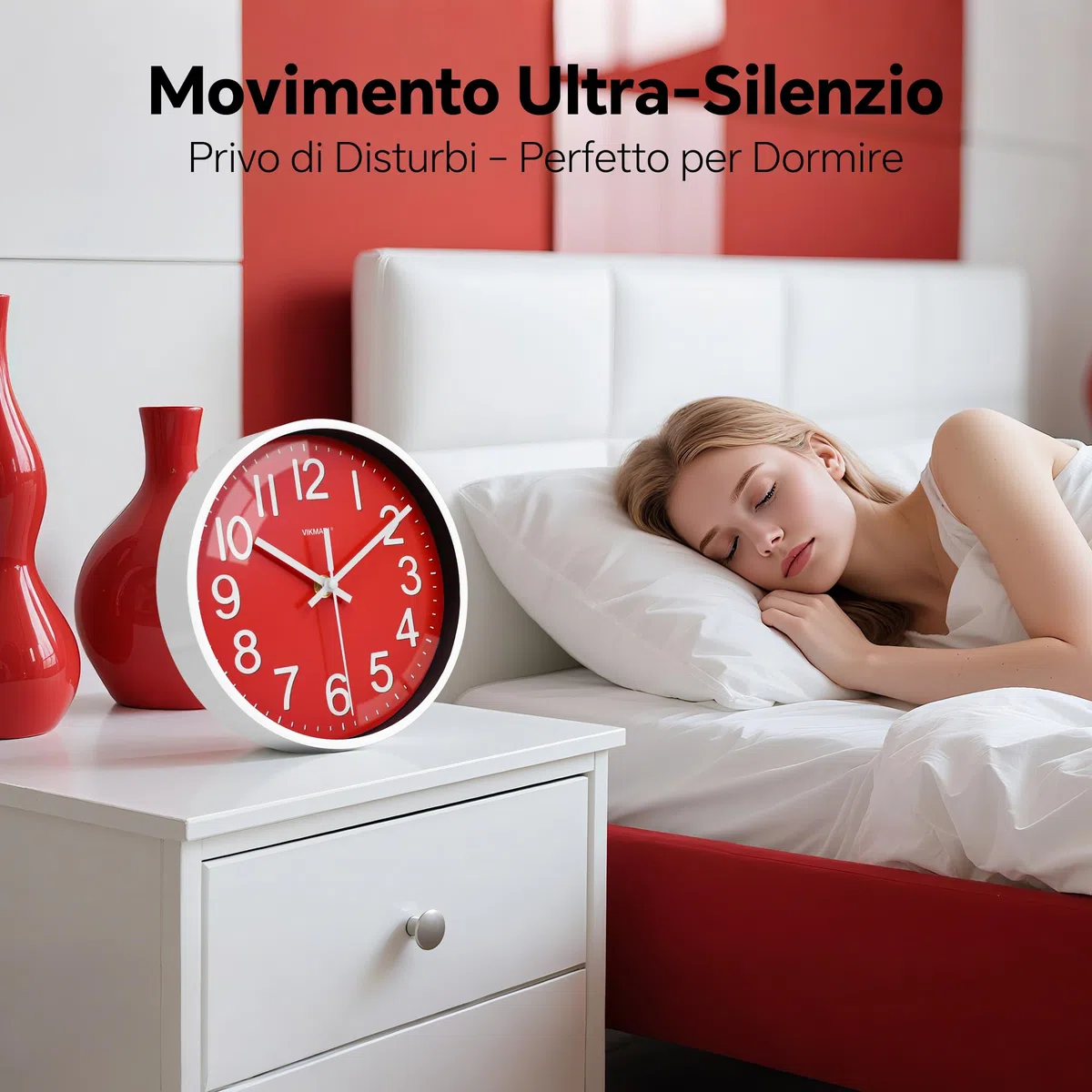 VIKMARI Orologio da Parete Piccolo 20 cm Rosso Moderno Silenzioso a Batteria per Cucina Soggiorno Camera da Letto Bagno Ufficio Scuola