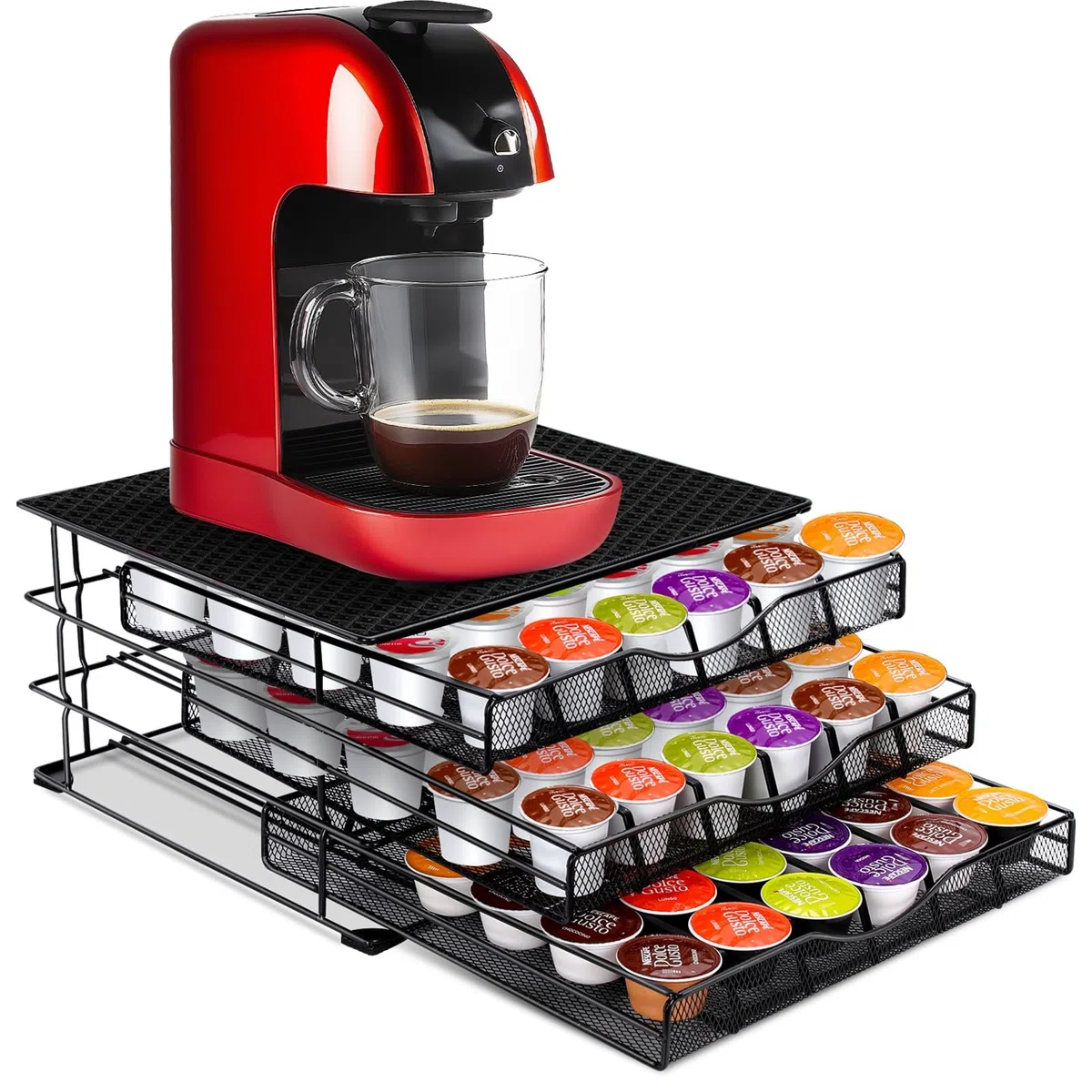 MASTERTOP Cassetti Capsule Dolce Gusto 108pz, Porta Capsule Antiscivolo a 3 Cassetti, Dispenser Capsule di Grande Capacità con Supporto Antivibrazioni in EVA per Macchina Caffè